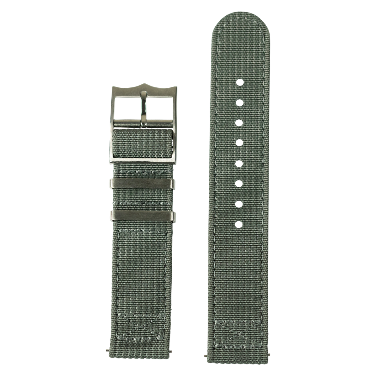 Olive green canvas watch band with metal buckle and adjustment holes for Fitbit Versa and Sense smartwatches