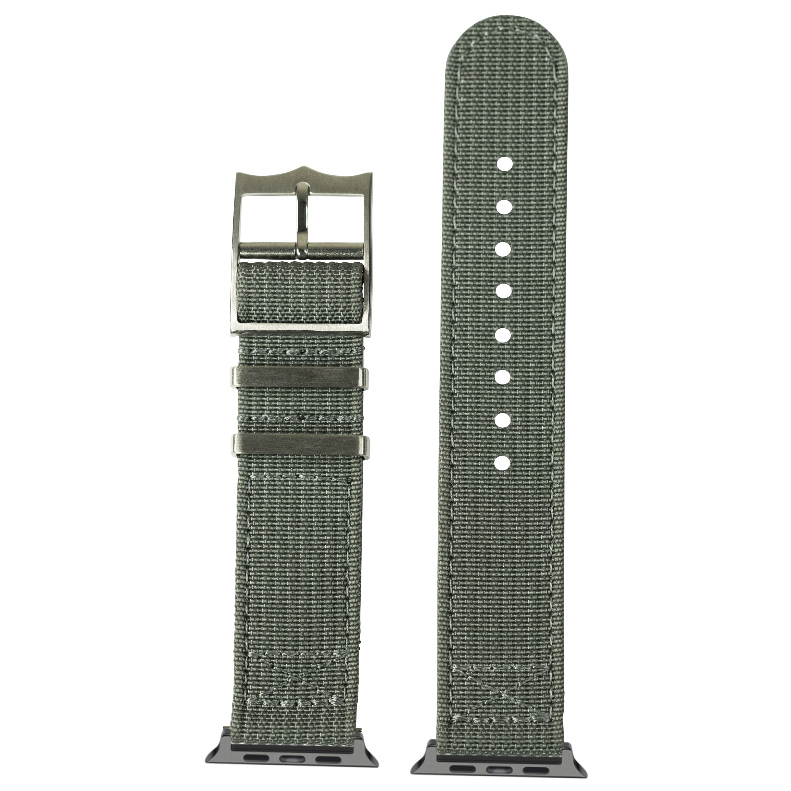 Olive green canvas watch band with metal buckle and connector lugs for Apple Watch, featuring adjustable sizing