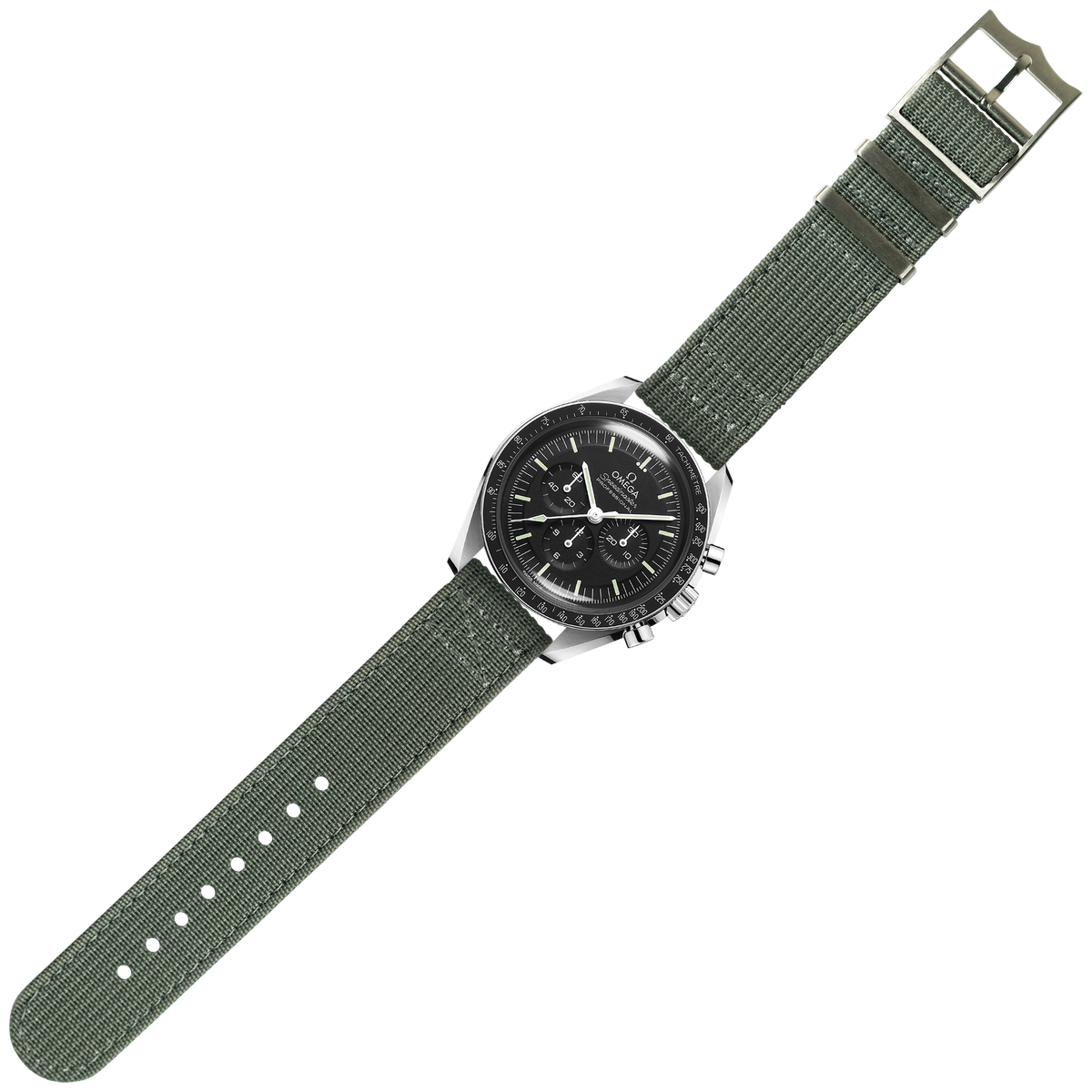 Stainless steel chronograph watch with black dial and green fabric military-style strap with buckle
