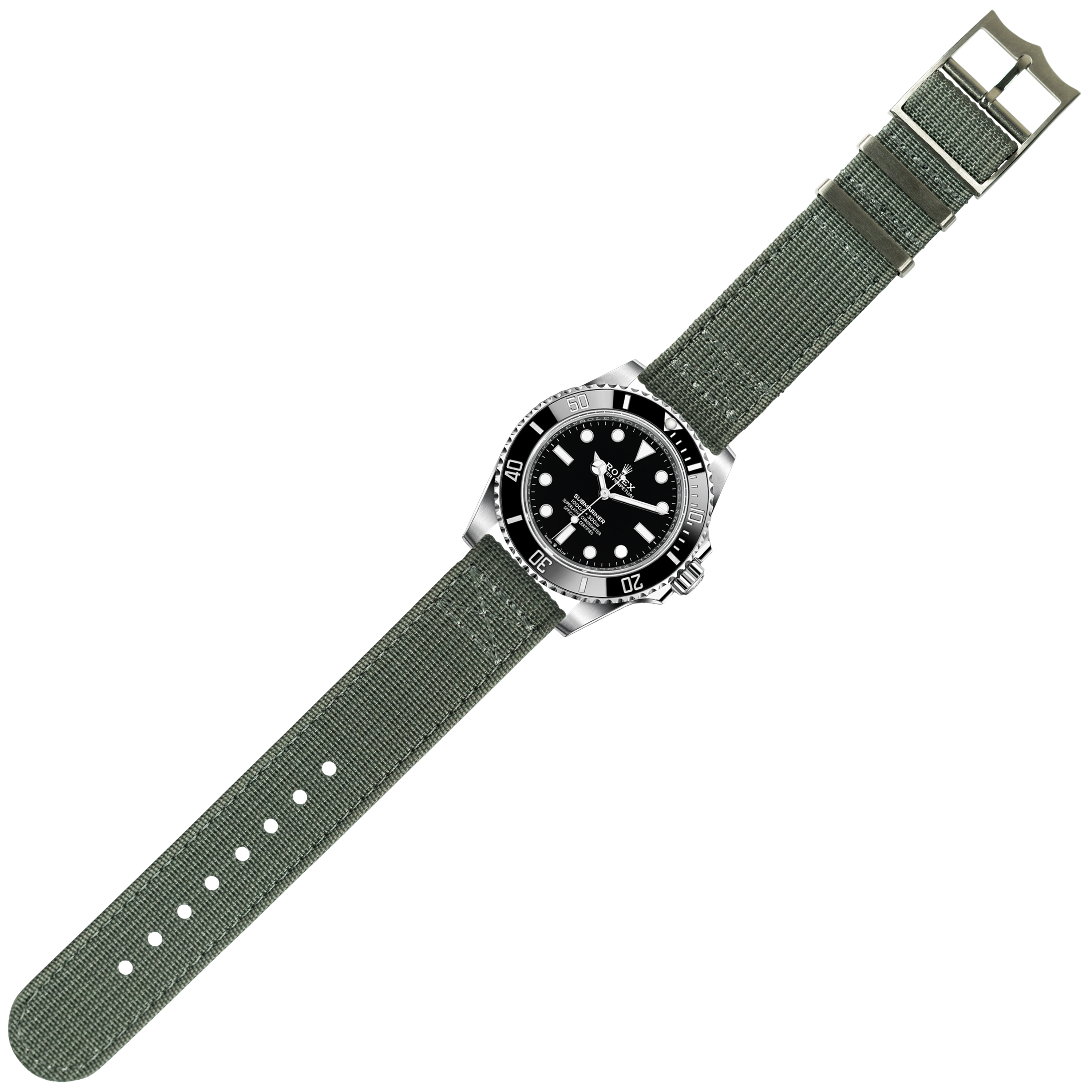 Stainless steel dive watch with black dial and rotating bezel on grey military fabric strap