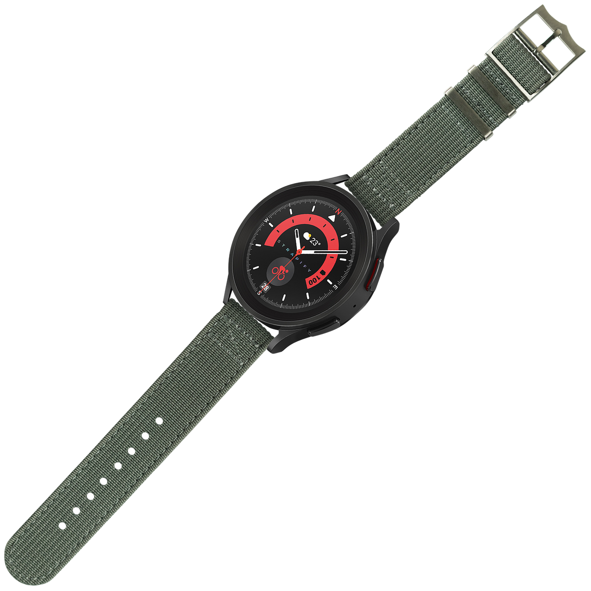 Black smartwatch with red dial and dark grey fabric military strap, featuring chronograph design and metal buckle