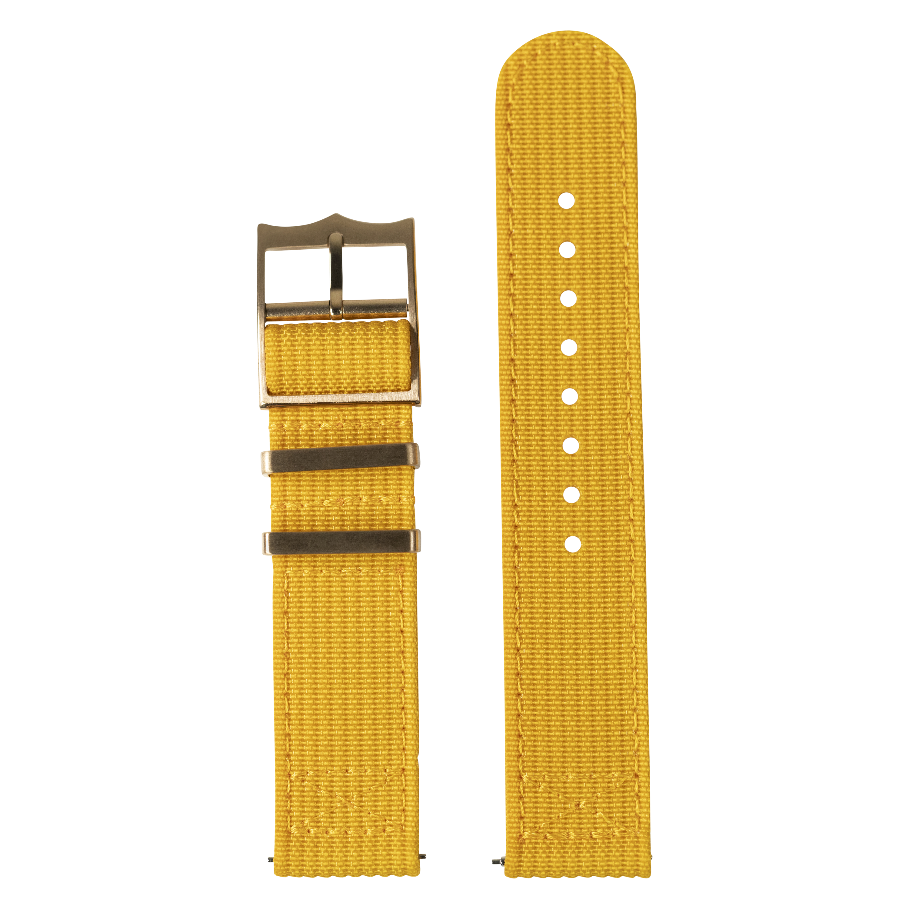 Yellow canvas watch band with bronze buckle for Fitbit Versa and Sense smartwatches, adjustable with white stitching holes