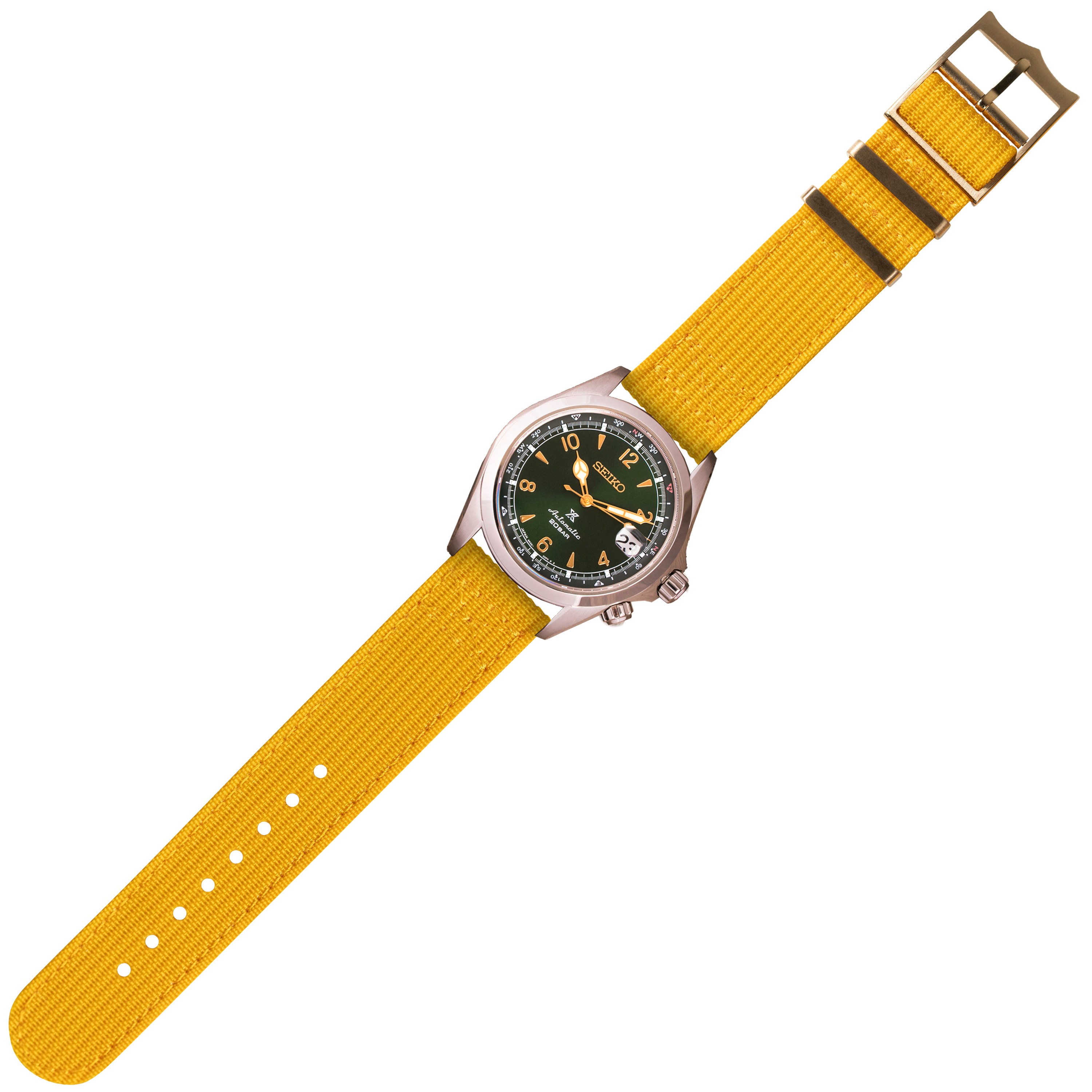 Seiko automatic watch with black dial, gold accents and yellow fabric strap with bronze buckle