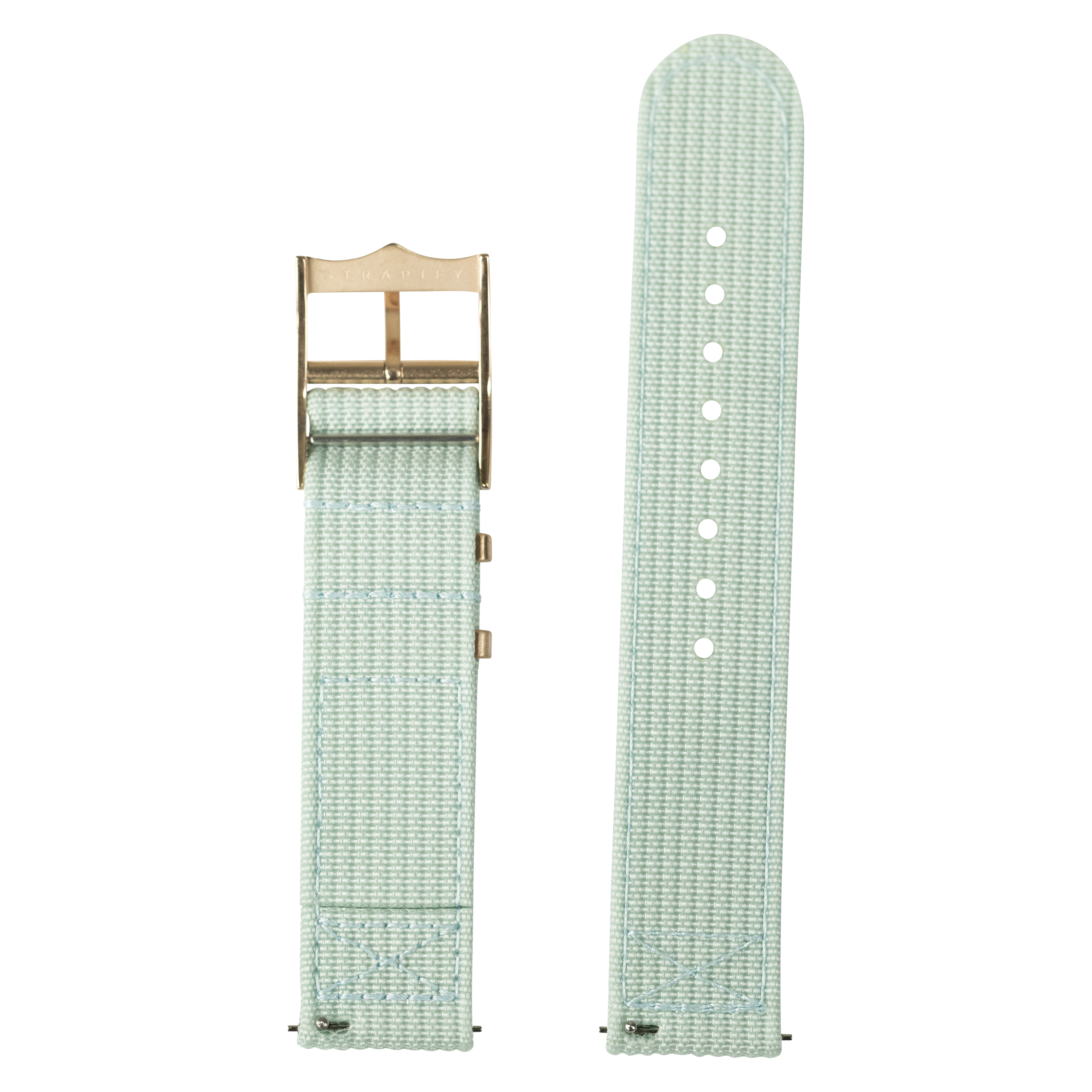 Mint green fabric watch band with adjustable metal buckle, shown assembled and unassembled with white adjustment holes