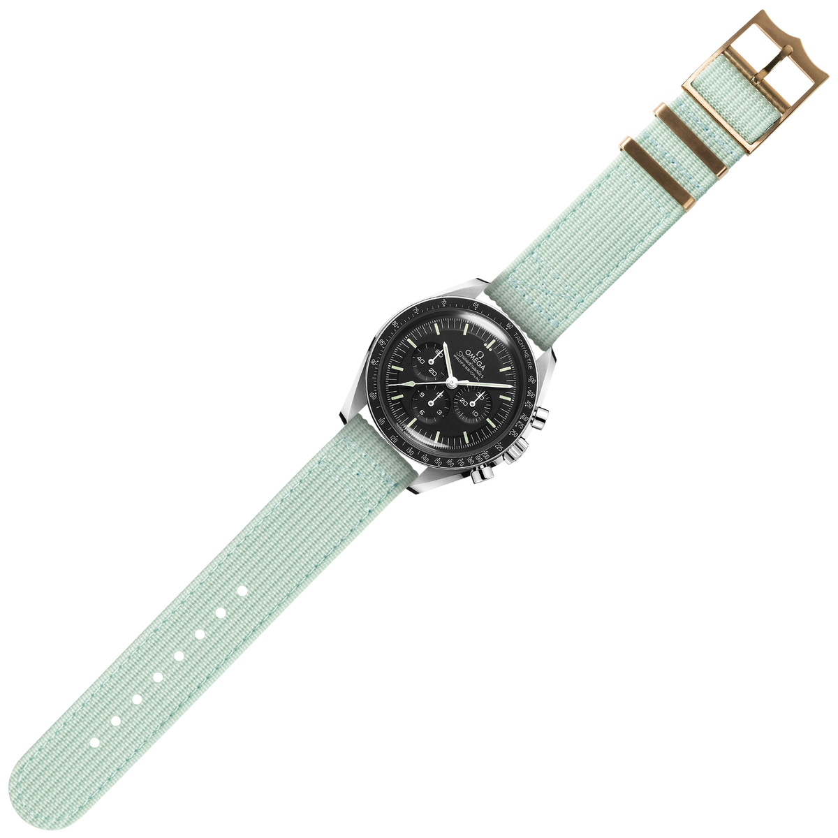 Chronograph watch with black dial and stainless steel case paired with light blue fabric strap and bronze buckle