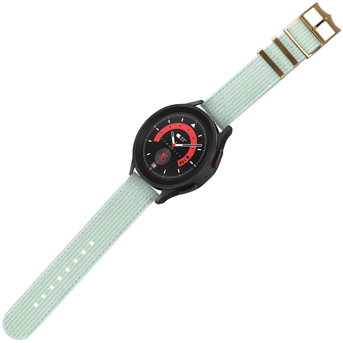 Black smartwatch with red dial and light blue fabric military-style strap with bronze buckle