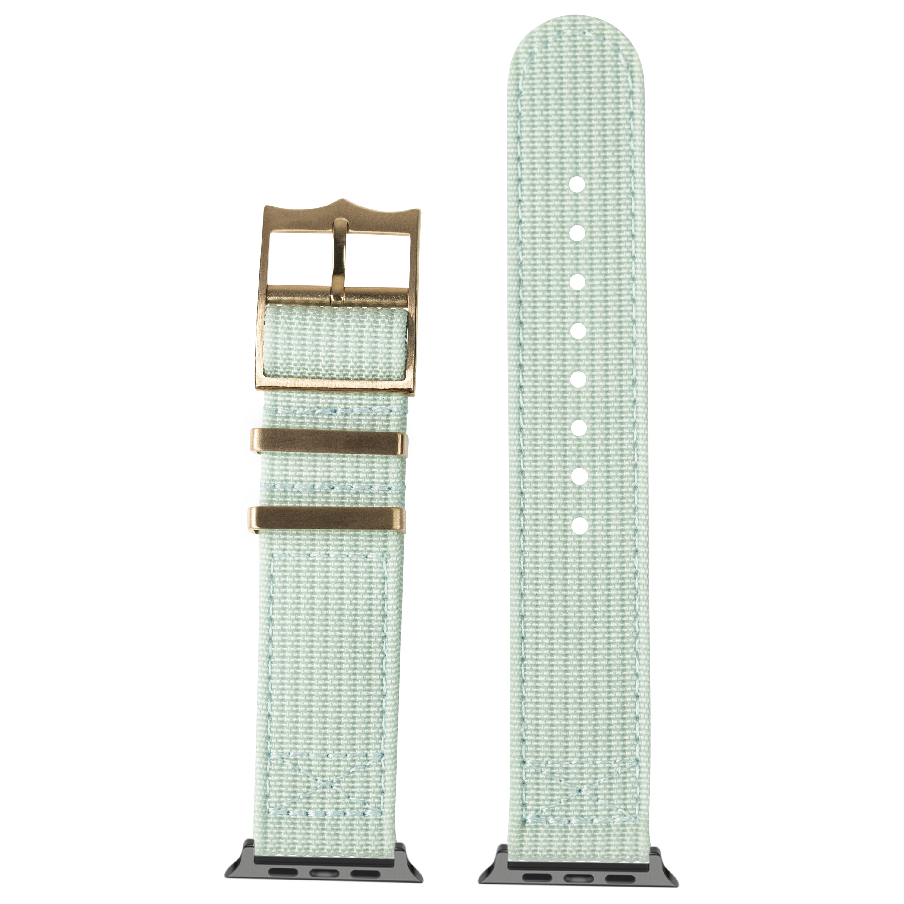 Light blue canvas Apple Watch band with bronze buckle and adjustable sizing holes, shown front and back view
