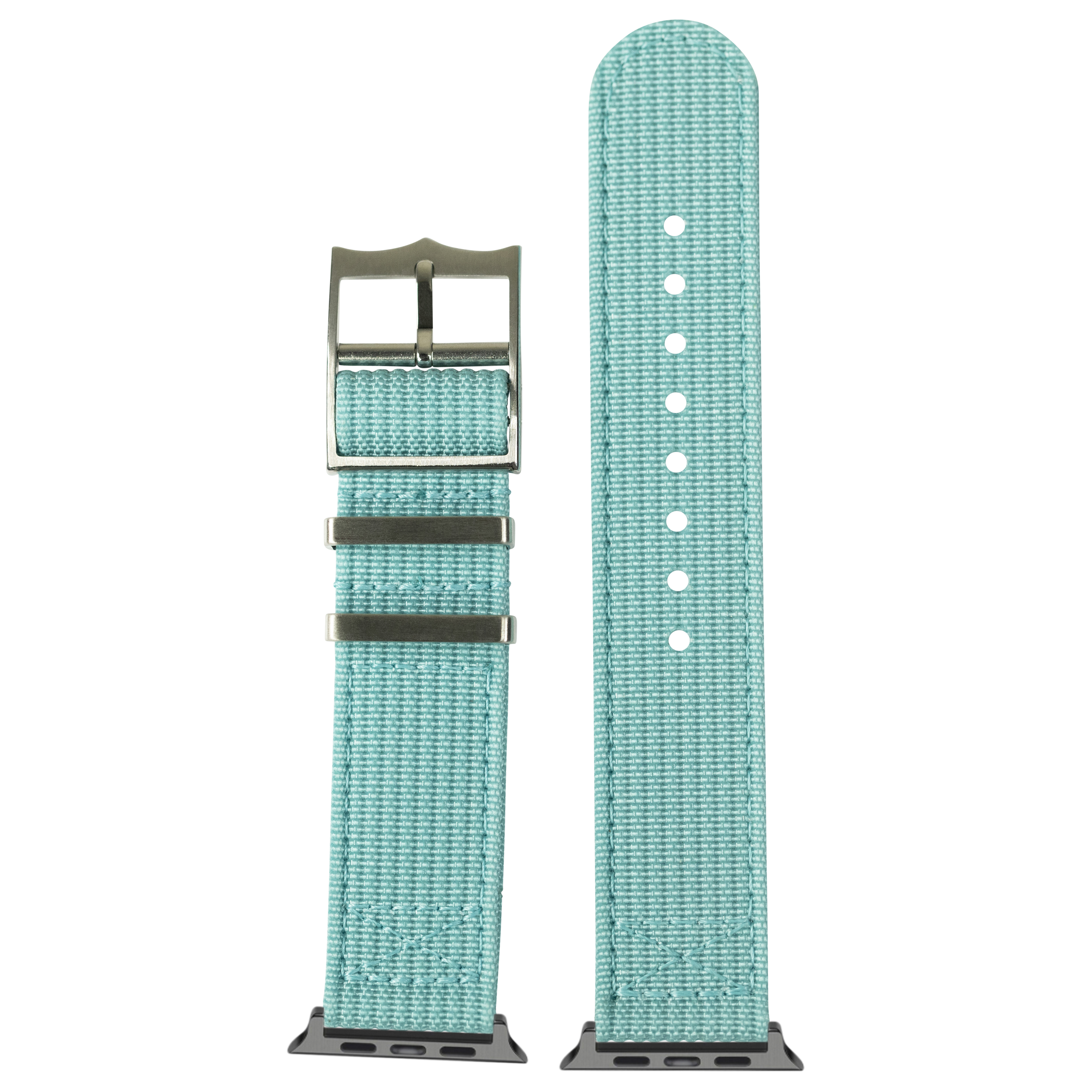 Tiffany blue canvas Apple Watch band with metal buckle and adjustment holes, shown assembled and unassembled with connector adapters