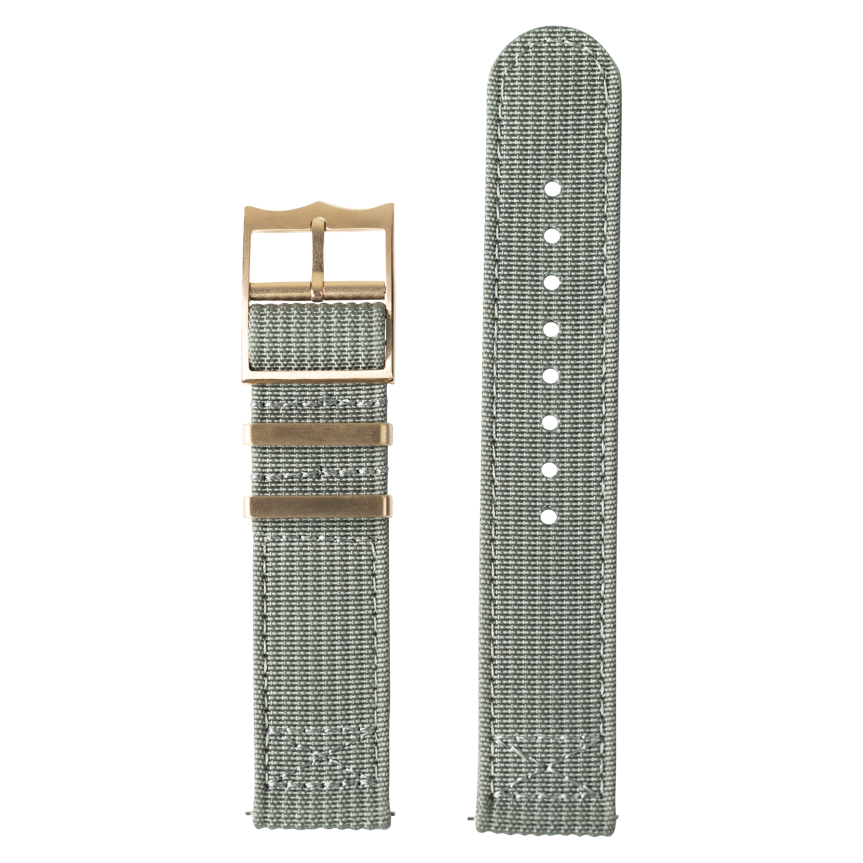 Grey militex fabric watch band with bronze buckle for Fitbit Versa and Sense smartwatches, shown assembled and unassembled