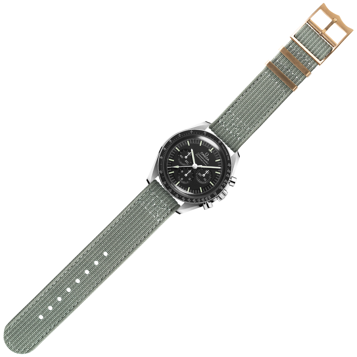 Stainless steel chronograph watch with black dial and grey textile strap with bronze buckle