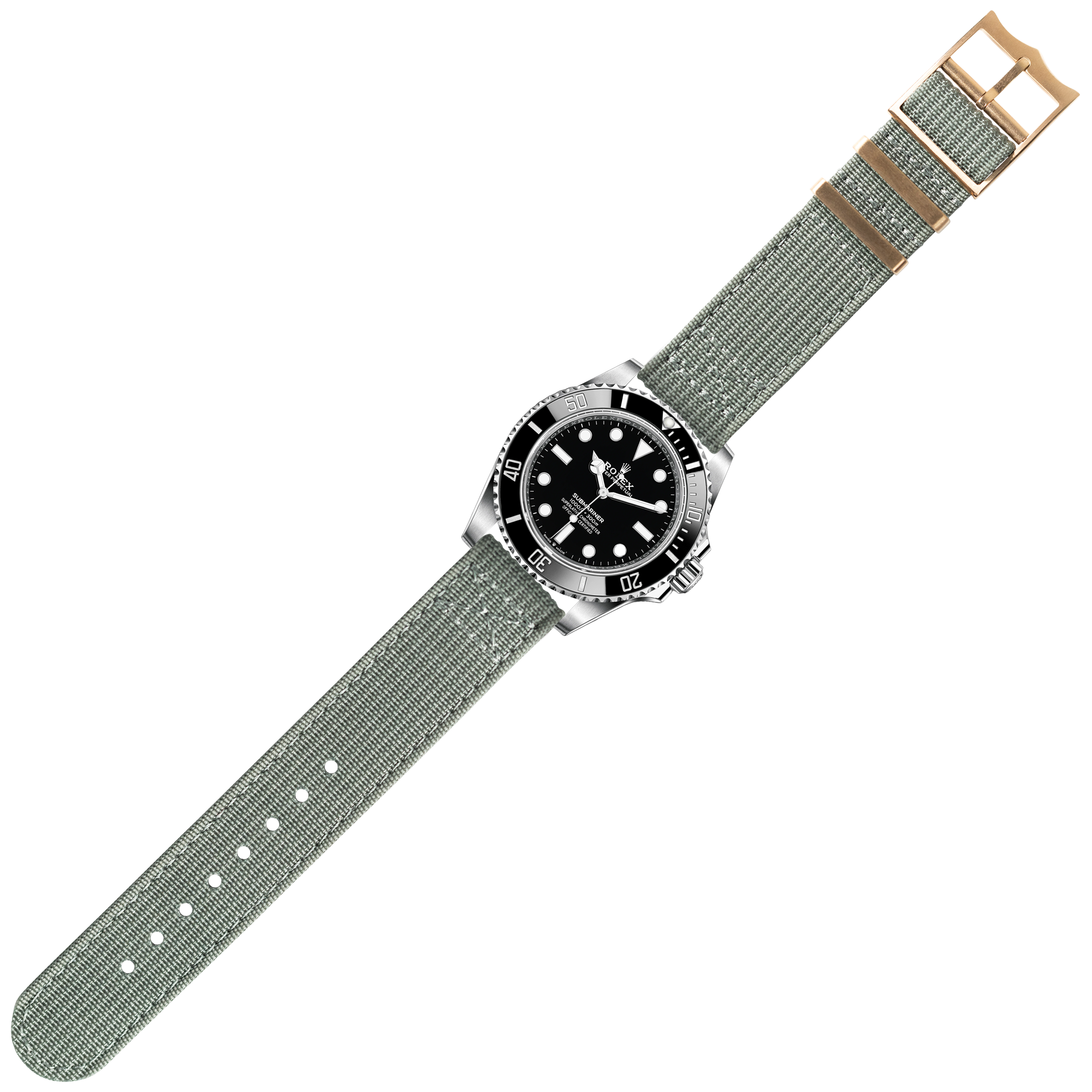 Stainless steel dive watch with black dial and rotating bezel on grey fabric military strap with tan buckle