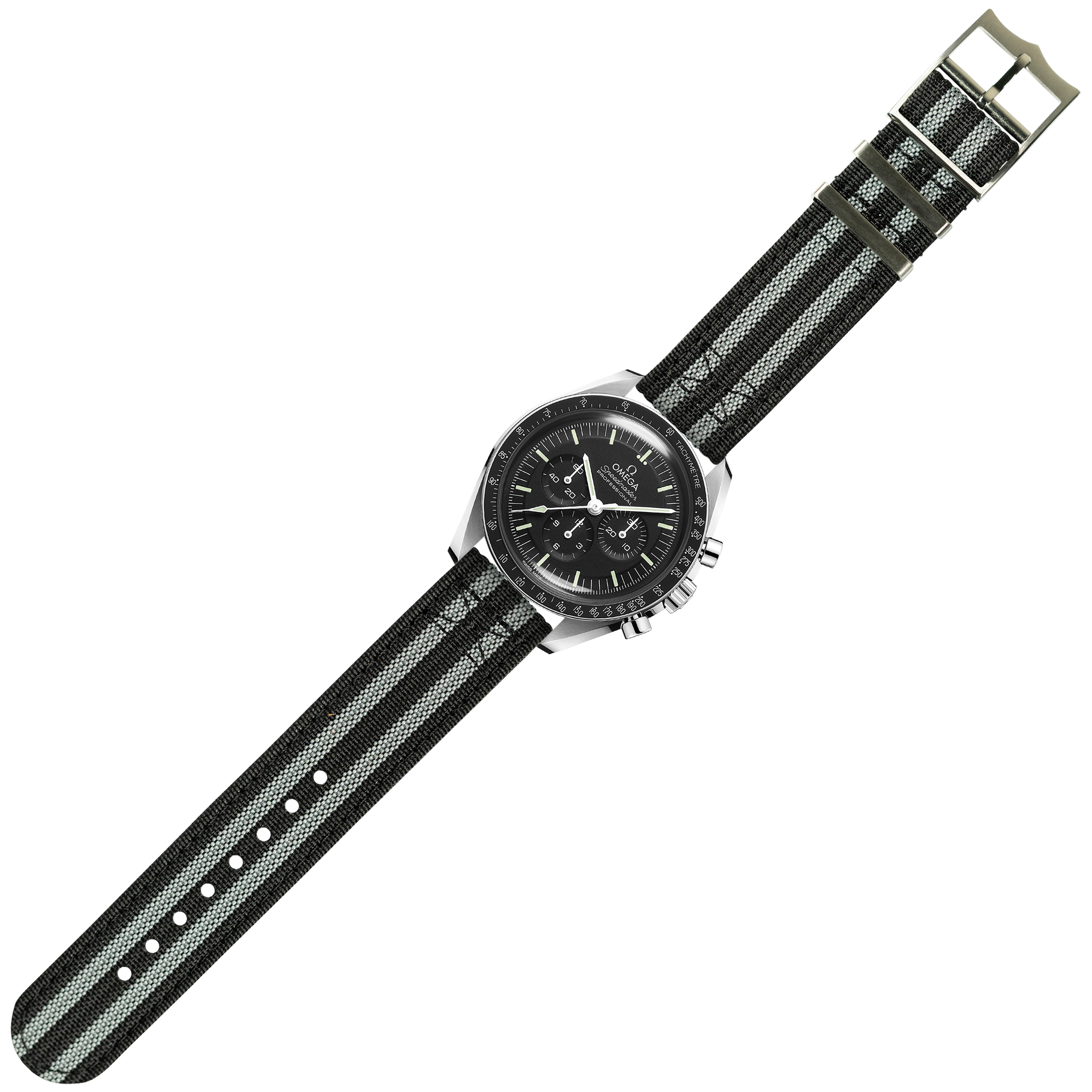 Stainless steel chronograph watch with black dial and striped military fabric strap with metal buckle