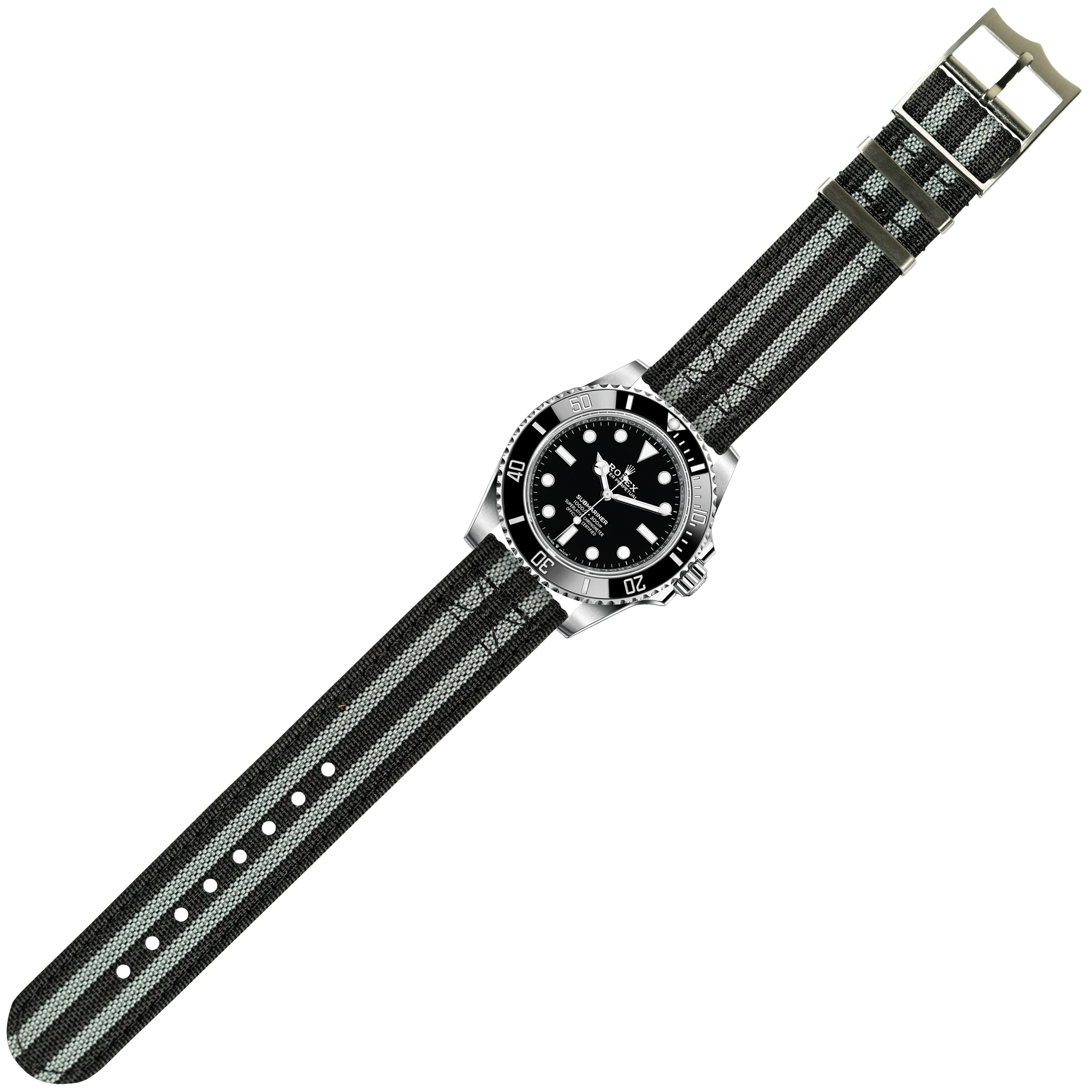 Stainless steel dive watch with black dial and rotating bezel on black and gray striped fabric military strap