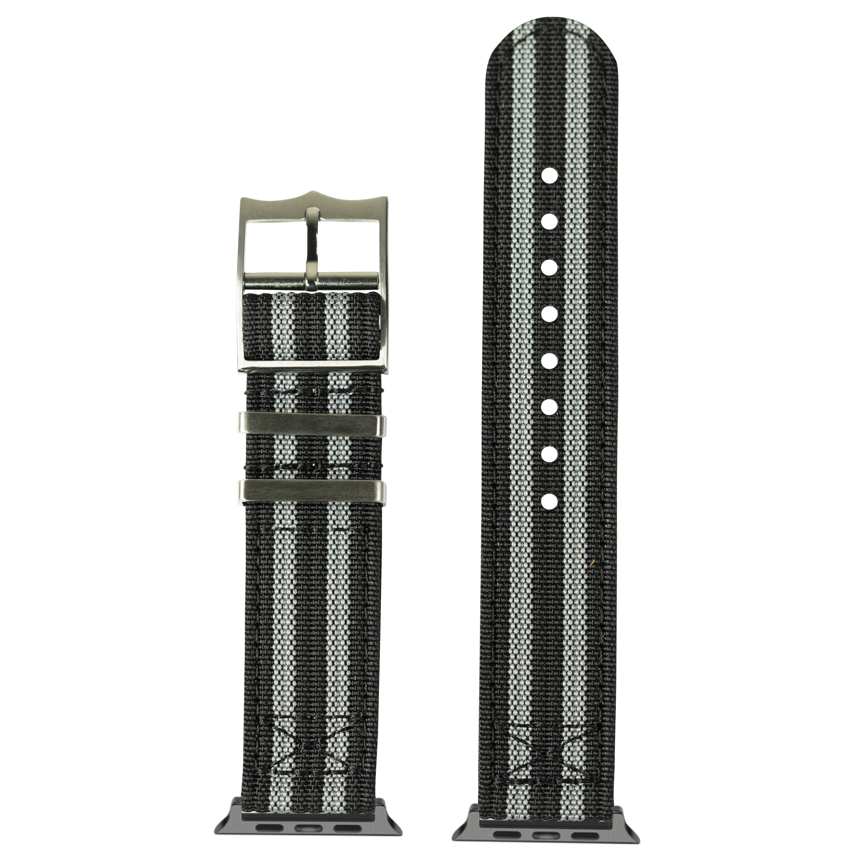 Black and gray woven nylon Apple Watch band with olive metal buckle and connector, shown assembled and unassembled with adjustment holes