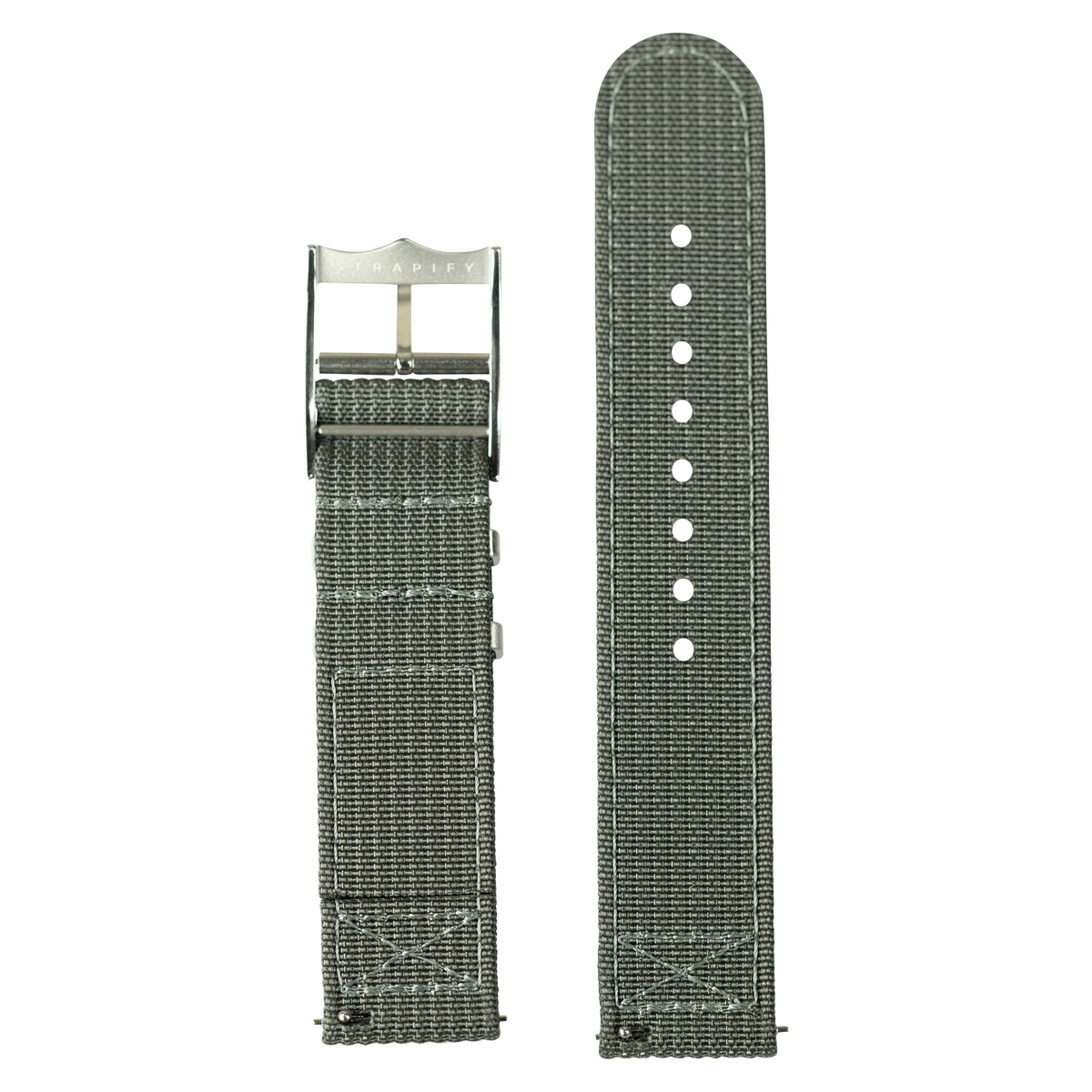 Grey woven nylon watch band with metal buckle and white adjustment holes for Fitbit Versa and Sense smartwatches