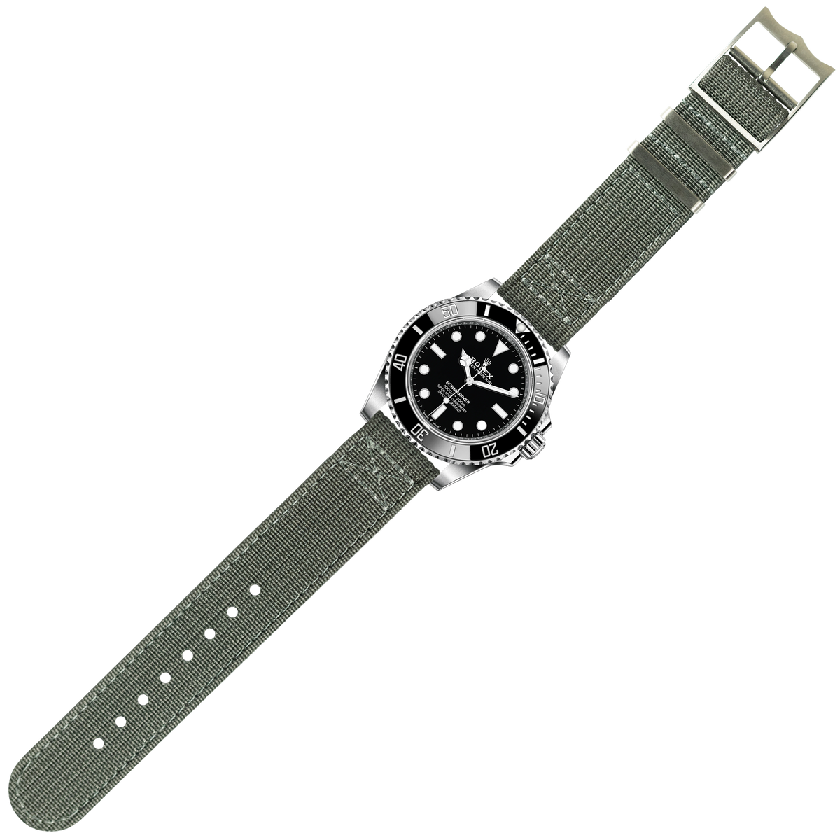 Silver dive watch with black dial and rotating bezel on gray fabric military-style strap