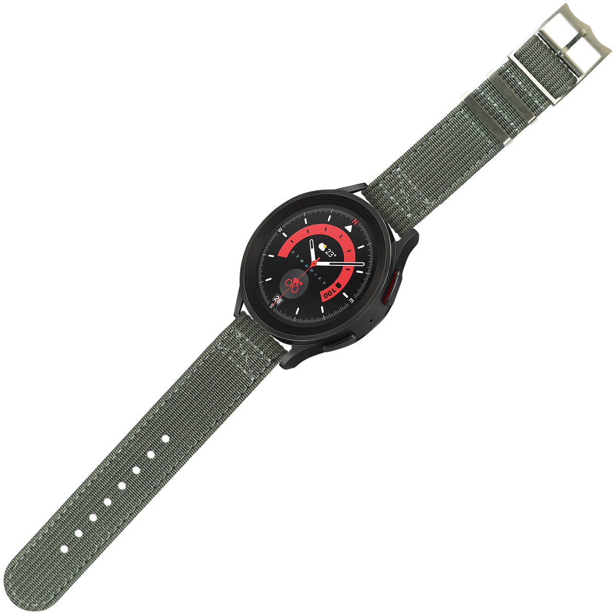 Black smartwatch with red dial and grey nylon fabric military-style strap buckle
