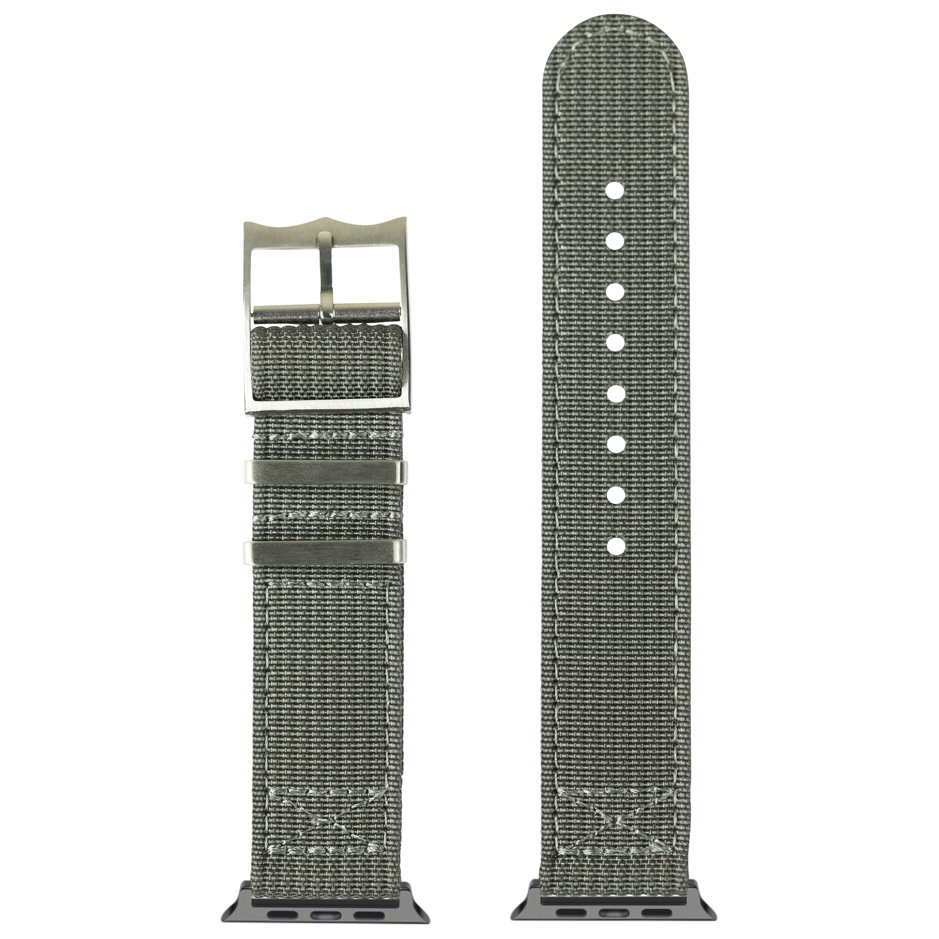 Grey woven fabric Apple Watch band with metal buckle and connector lugs