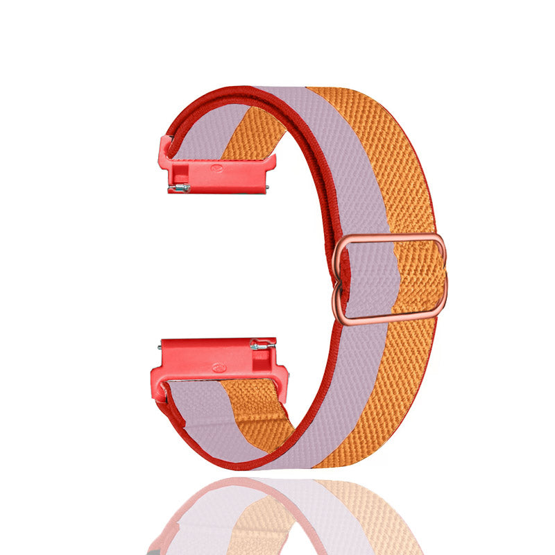 Colorful woven elastic smartwatch band with quick release connector in red, purple and orange striped pattern