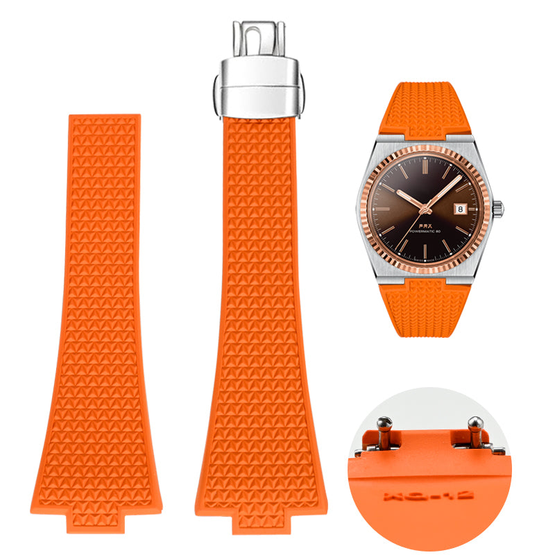 Orange FKM rubber strap for Tissot PRX 35 watch with folding clasp, shown flat and assembled on timepiece