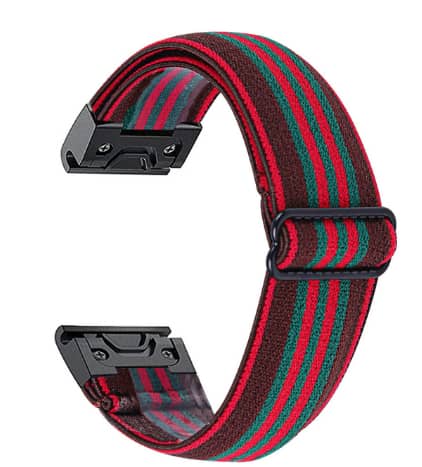 Red and green striped elastic watch band with black quick-release connectors for Garmin sports watches