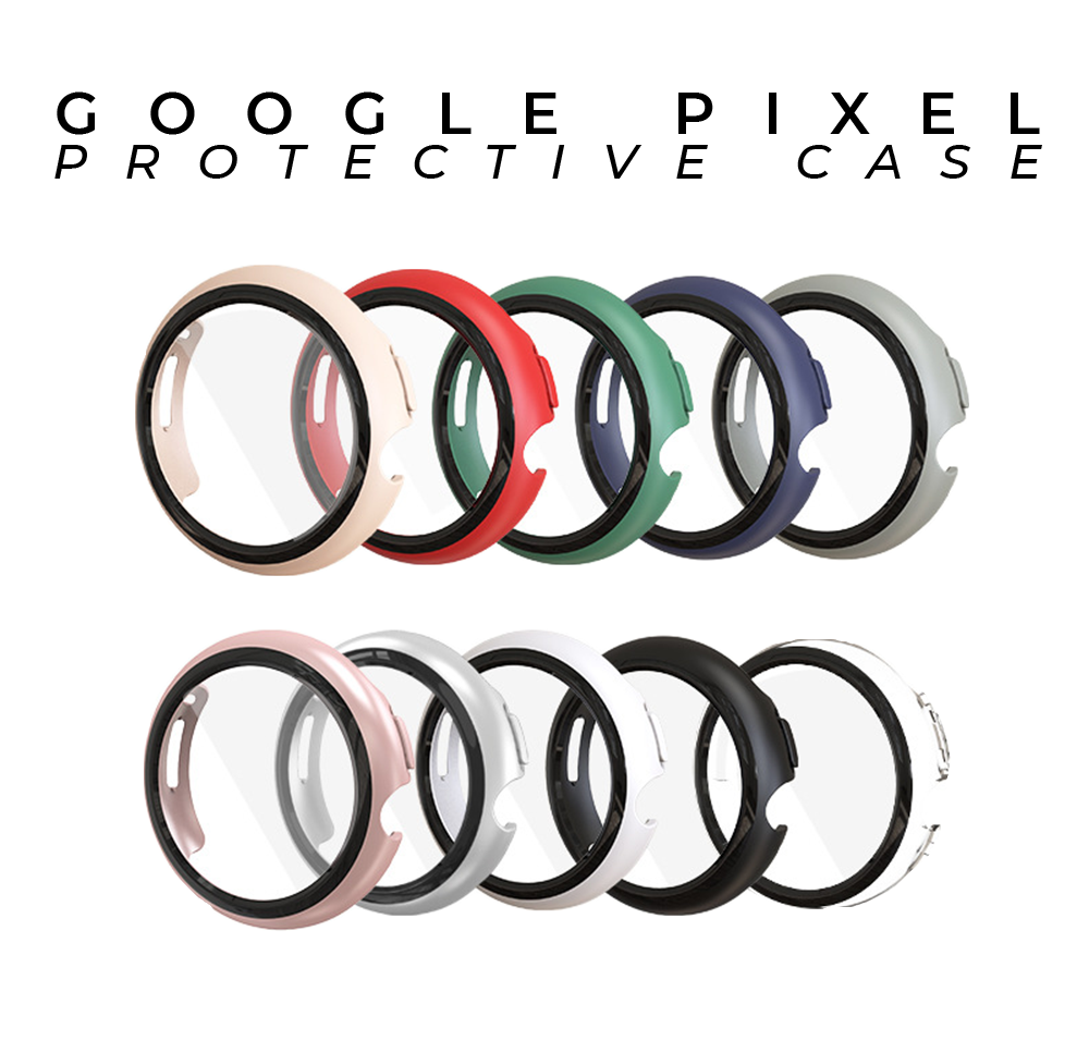 Google Pixel protective case set showing multiple colorful bumper covers in beige, red, green, navy, gray, pink, white and black color options