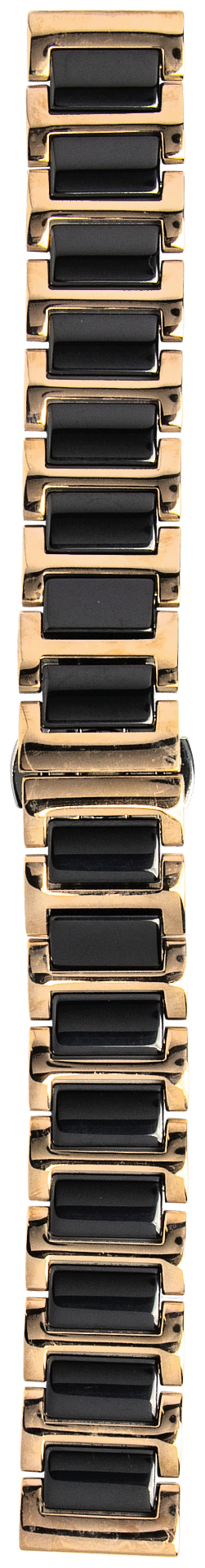 Rose gold and black ceramic quick release watch bracelet, vertical flat lay, even lighting