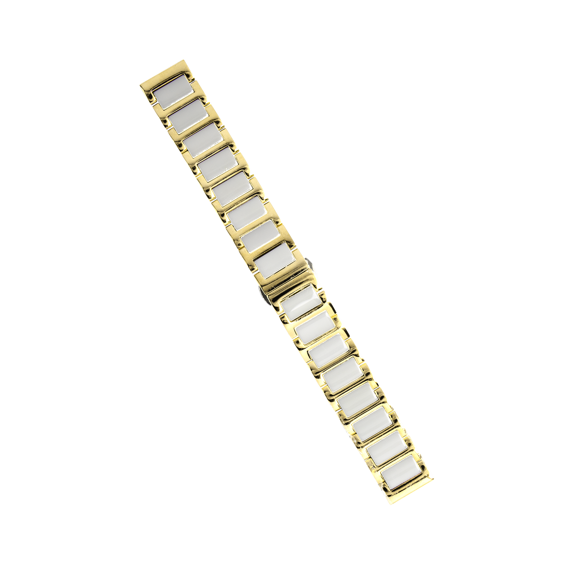 Gold and white ceramic steel quick release watch bracelet, flat lay cutout