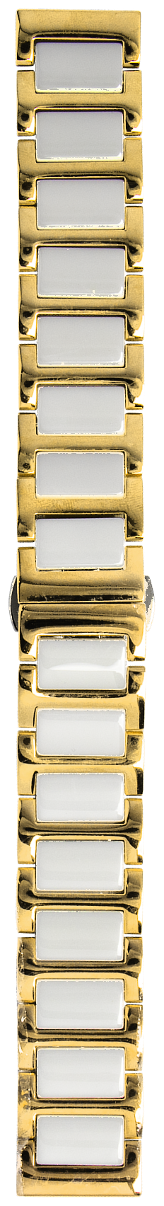 Gold and white ceramic steel quick release watch bracelet, vertical flat lay, even lighting