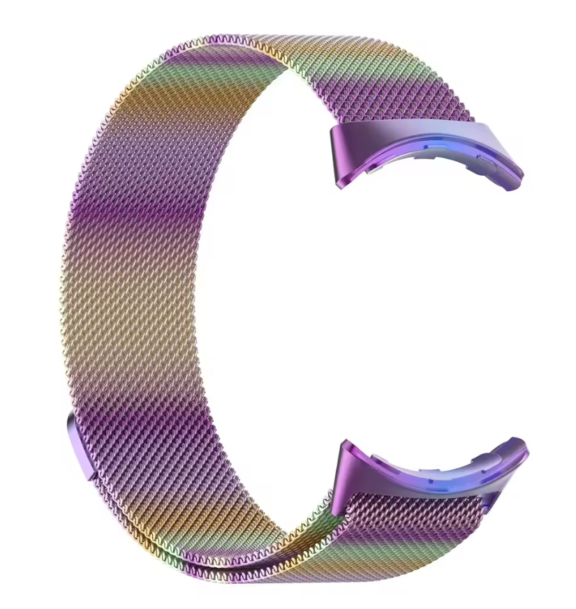 Colorful iridescent magnetic Milanese mesh watch band with purple connectors for Google Pixel smartwatch