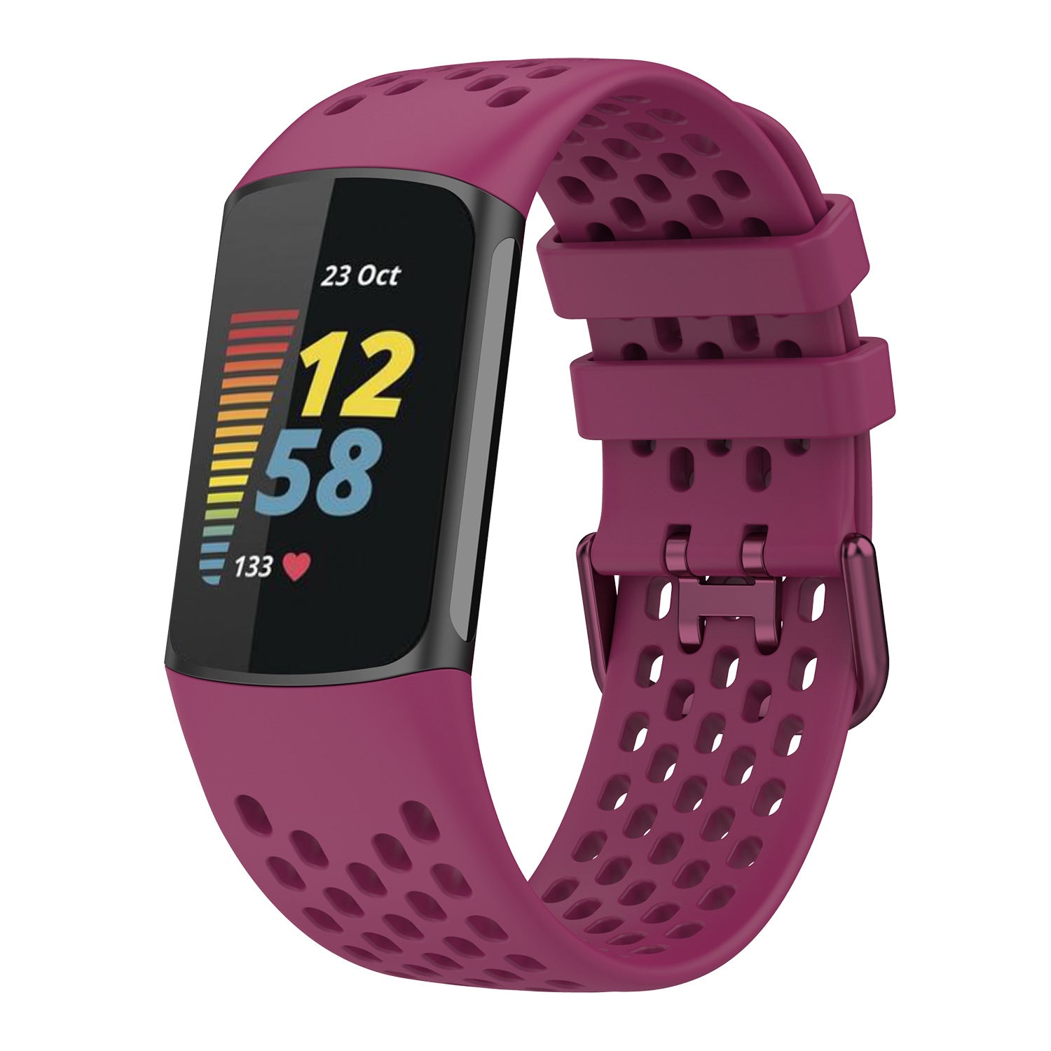 Burgundy perforated silicone band for Fitbit Charge 5 and 6 fitness tracker with curved display showing time and heart rate