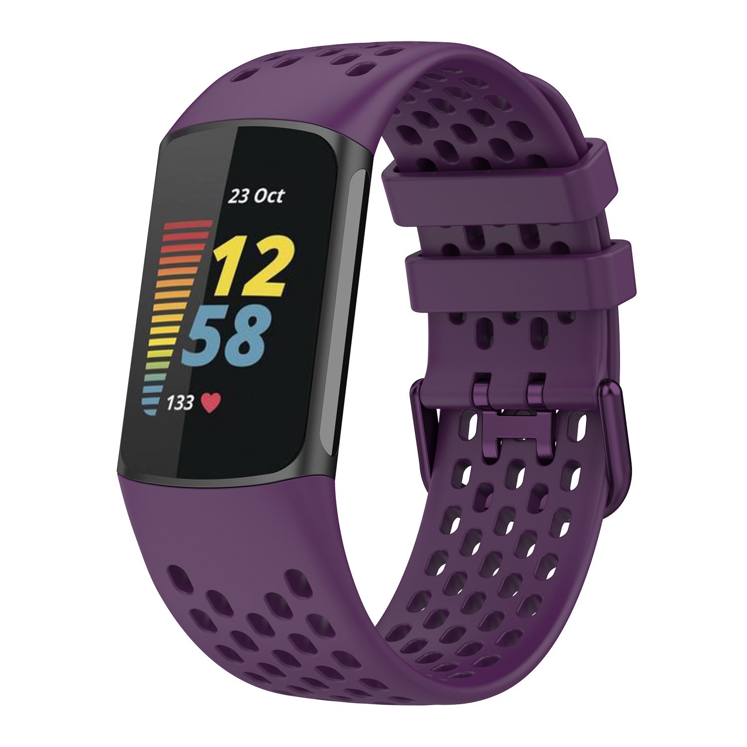 Purple perforated silicone sport band for Fitbit Charge 5 and Charge 6 fitness tracker with adjustable straps