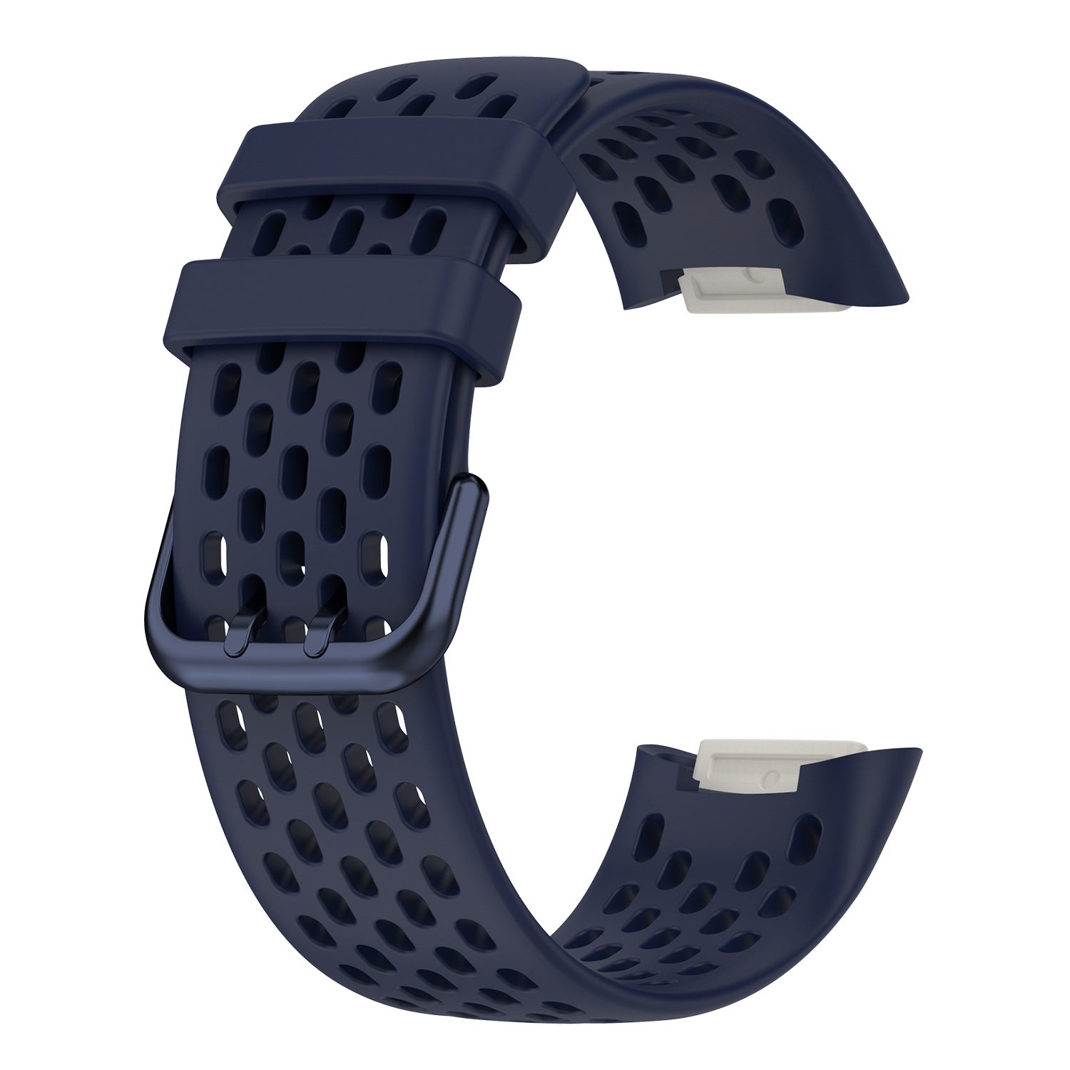 Navy blue perforated silicone smartwatch band with quick-release connectors for Fitbit Charge 5 and 6
