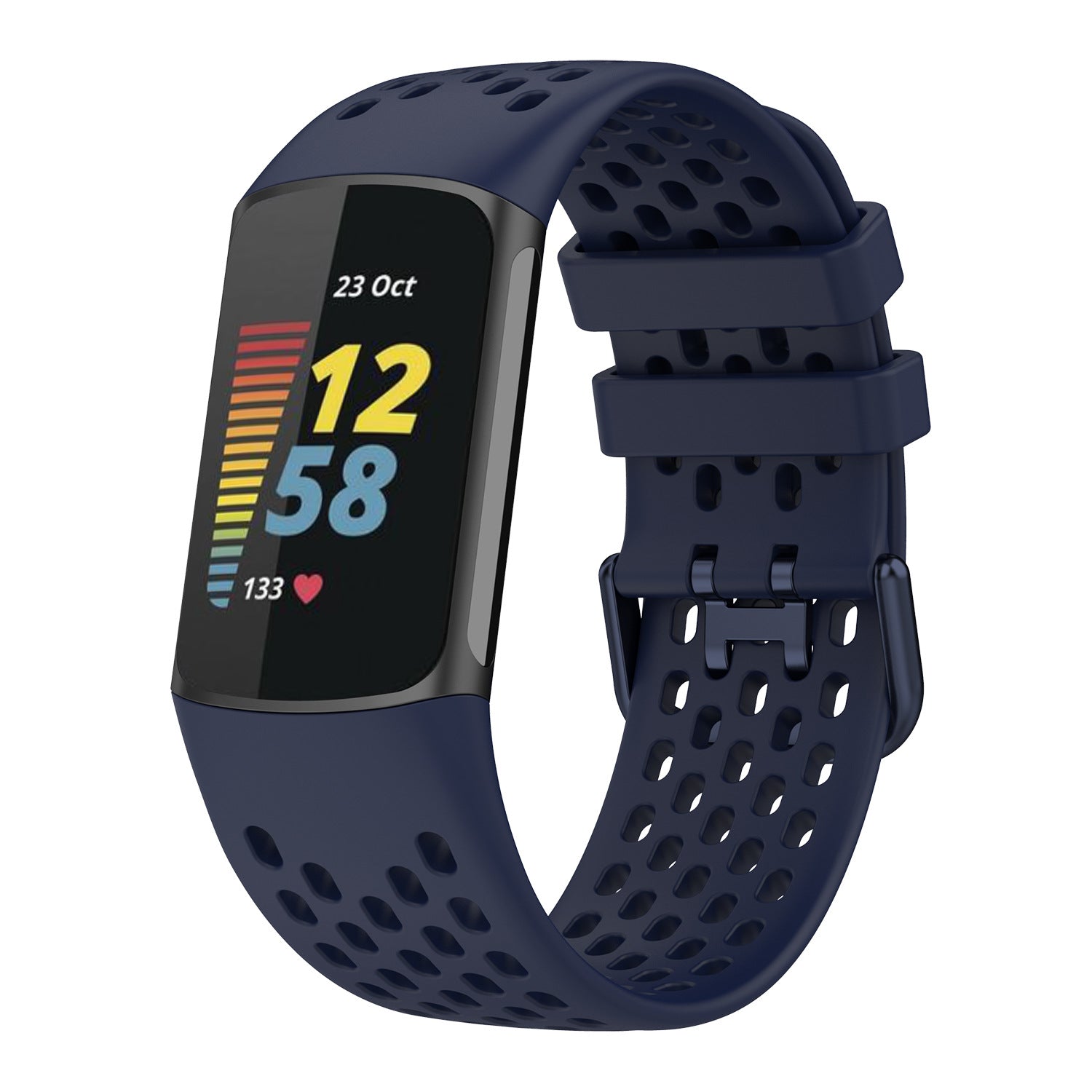 Navy blue perforated silicone sport watch band with dual strap design for Fitbit Charge 5 and Charge 6 fitness trackers