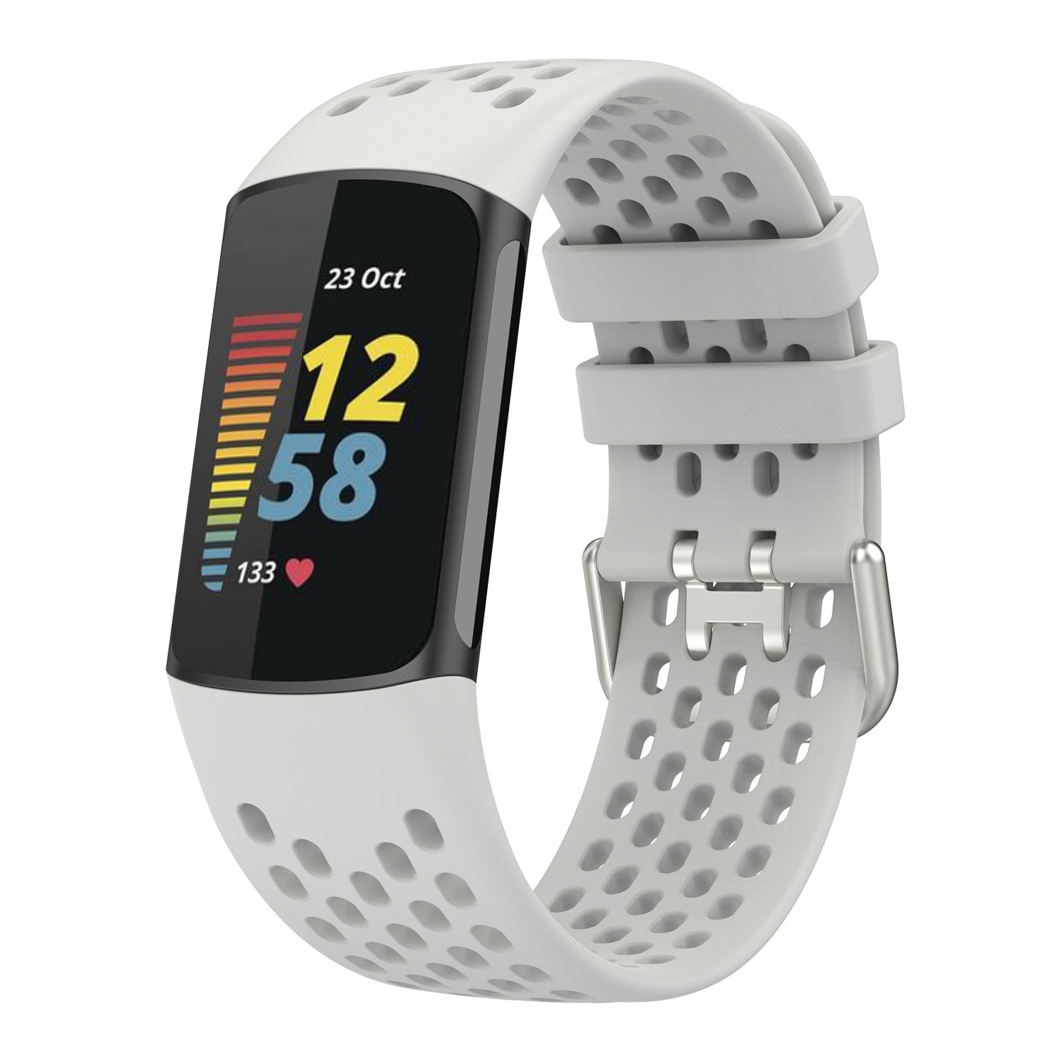 White perforated silicone sport band for Fitbit Charge 5 and Charge 6 fitness trackers with quick-release buckle