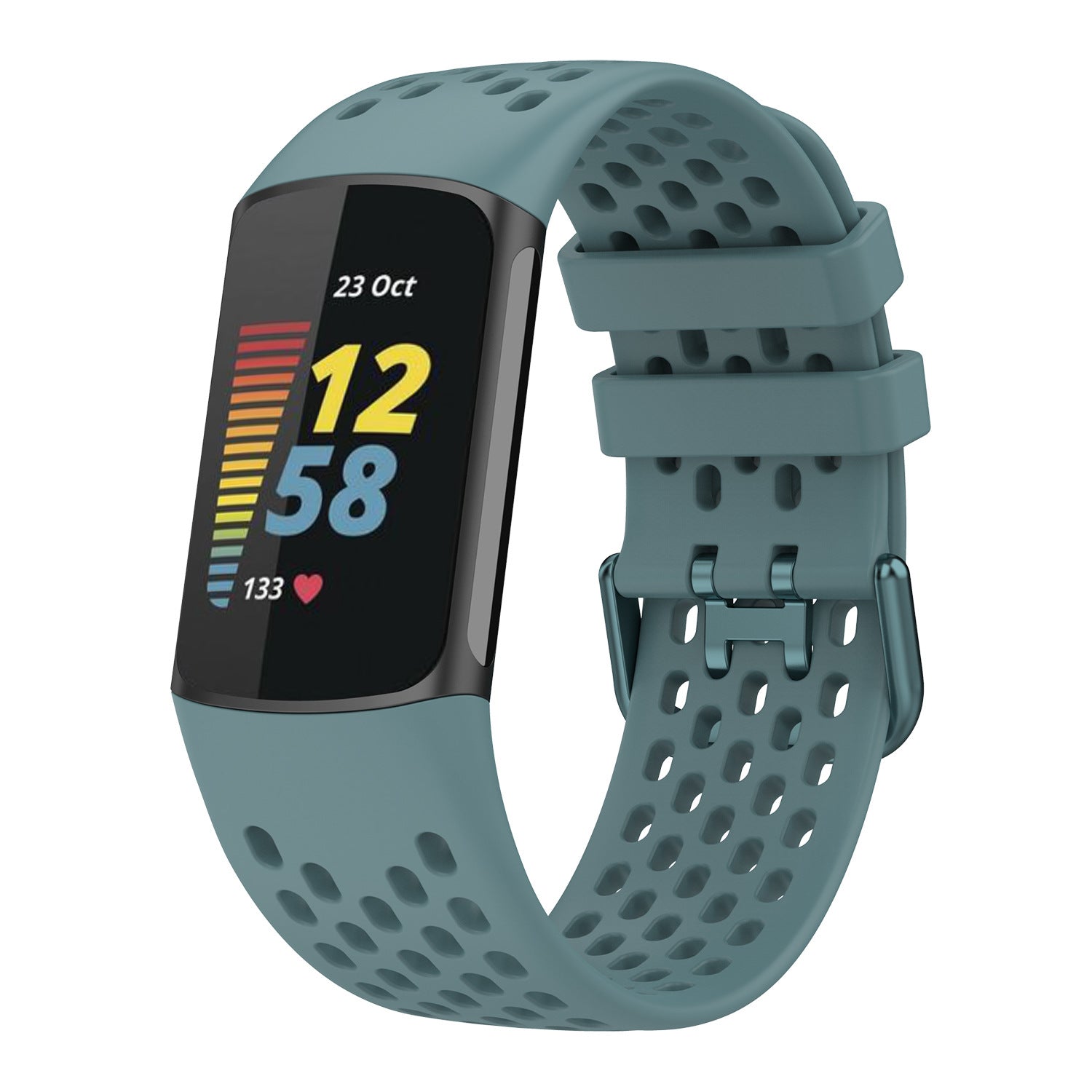 Teal perforated silicone band for Fitbit Charge 5 and 6 fitness trackers with curved display showing time and heart rate