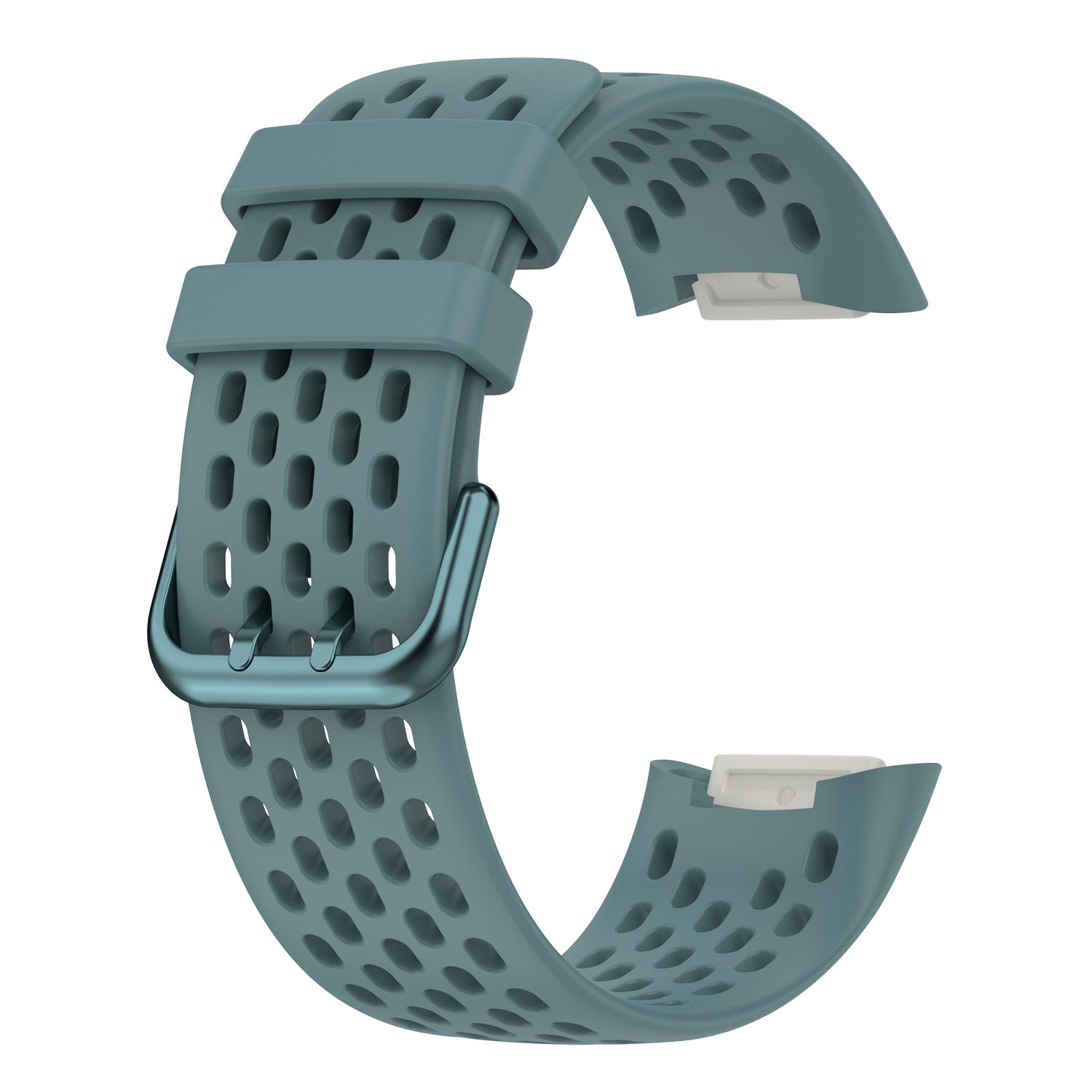 Teal perforated silicone sport watch band with metal buckle and quick-release connectors for Fitbit Charge