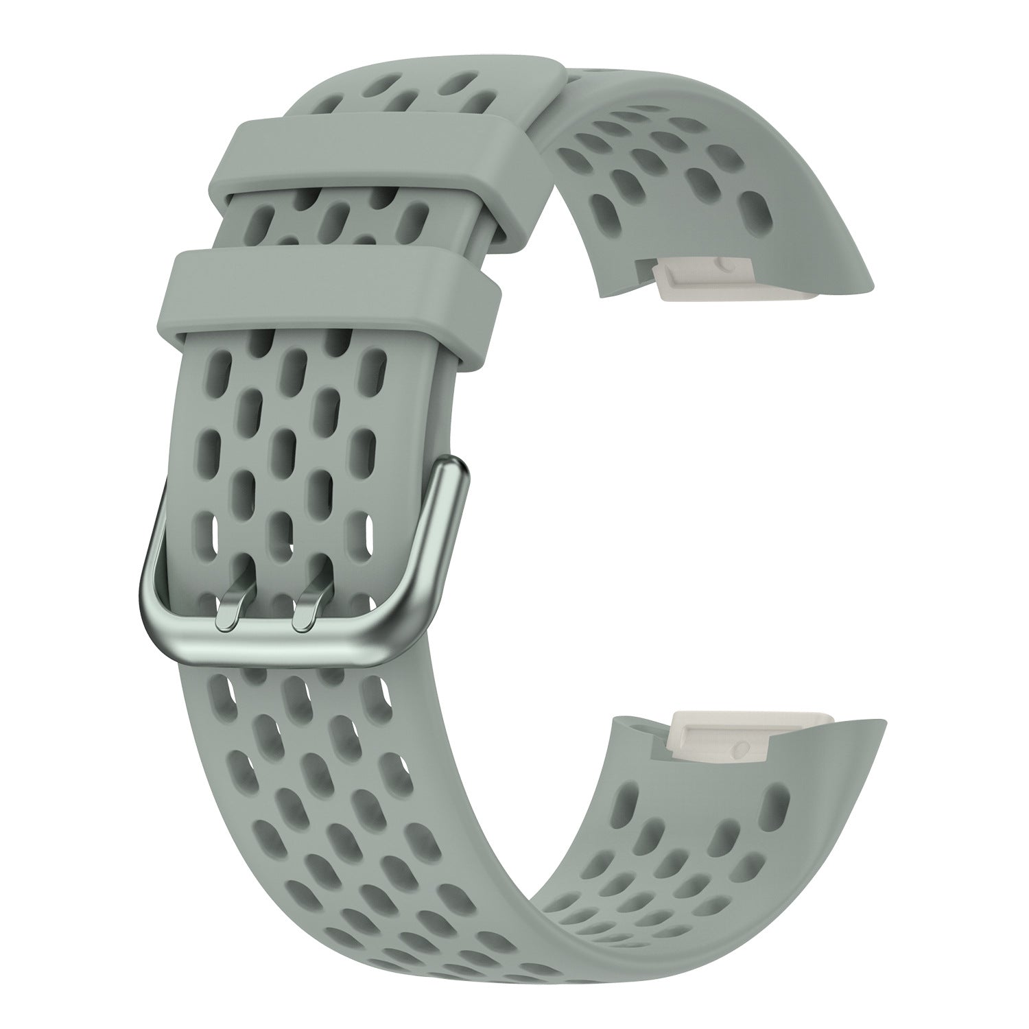 Sage green perforated silicone smartwatch band with metal buckle and quick-release connectors for Fitbit Charge 5 and 6