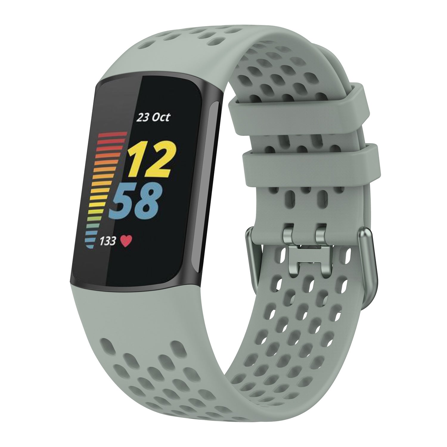 Sage green perforated silicone band for Fitbit Charge 5 and 6 fitness tracker with curved display showing time and heart rate metrics