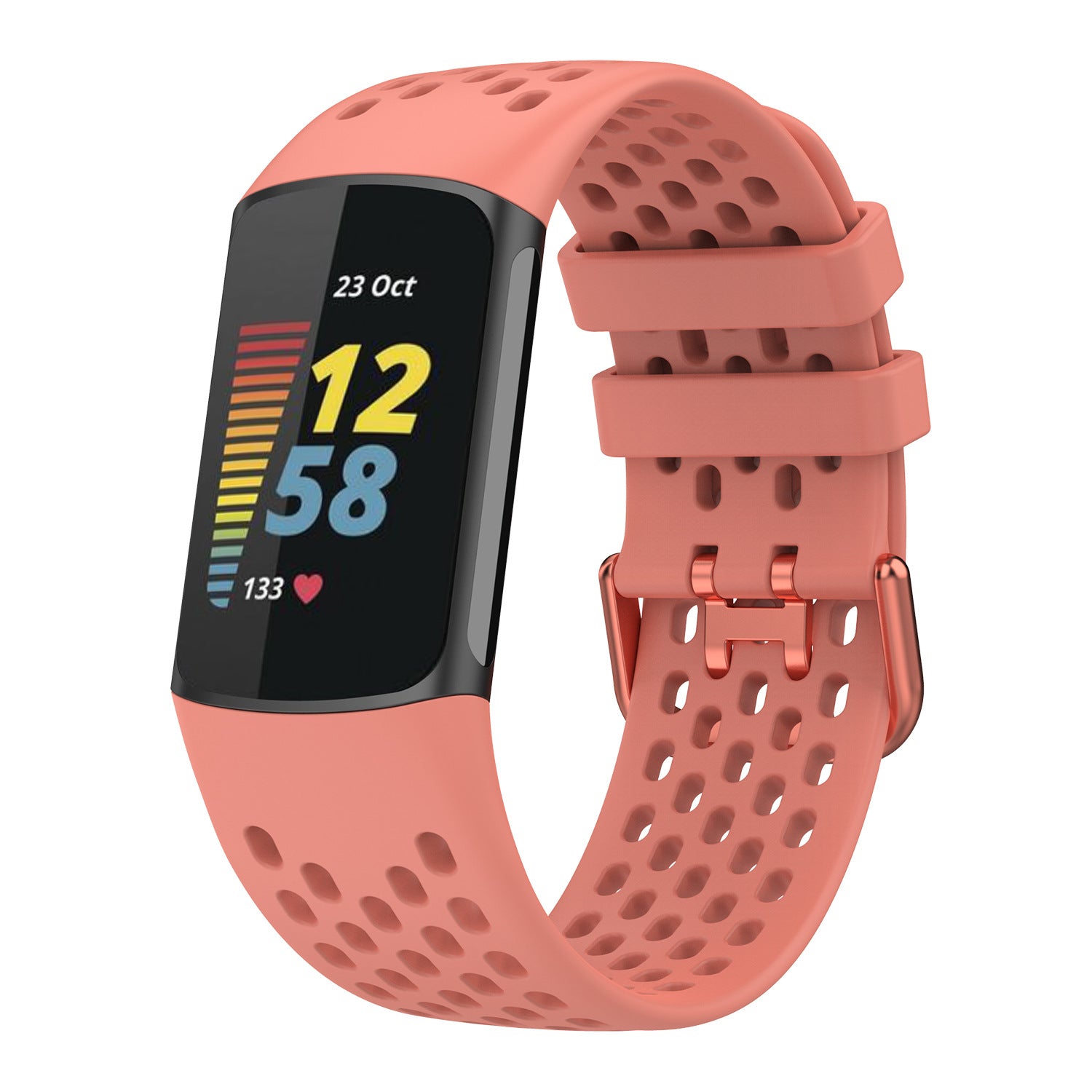 Coral perforated silicone sport band for Fitbit Charge 5 and 6 fitness tracker with adjustable straps and rose gold buckle