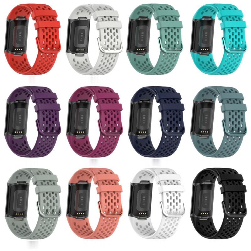 Fitbit Charge 5 and 6 replacement bands in 12 colors including red, white, teal, purple, pink, navy, black and gray with perforated silicone design