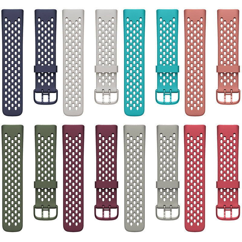 Fitbit Charge 5 and 6 perforated silicone sport watch bands in navy, gray, teal, coral, olive, burgundy and red colors