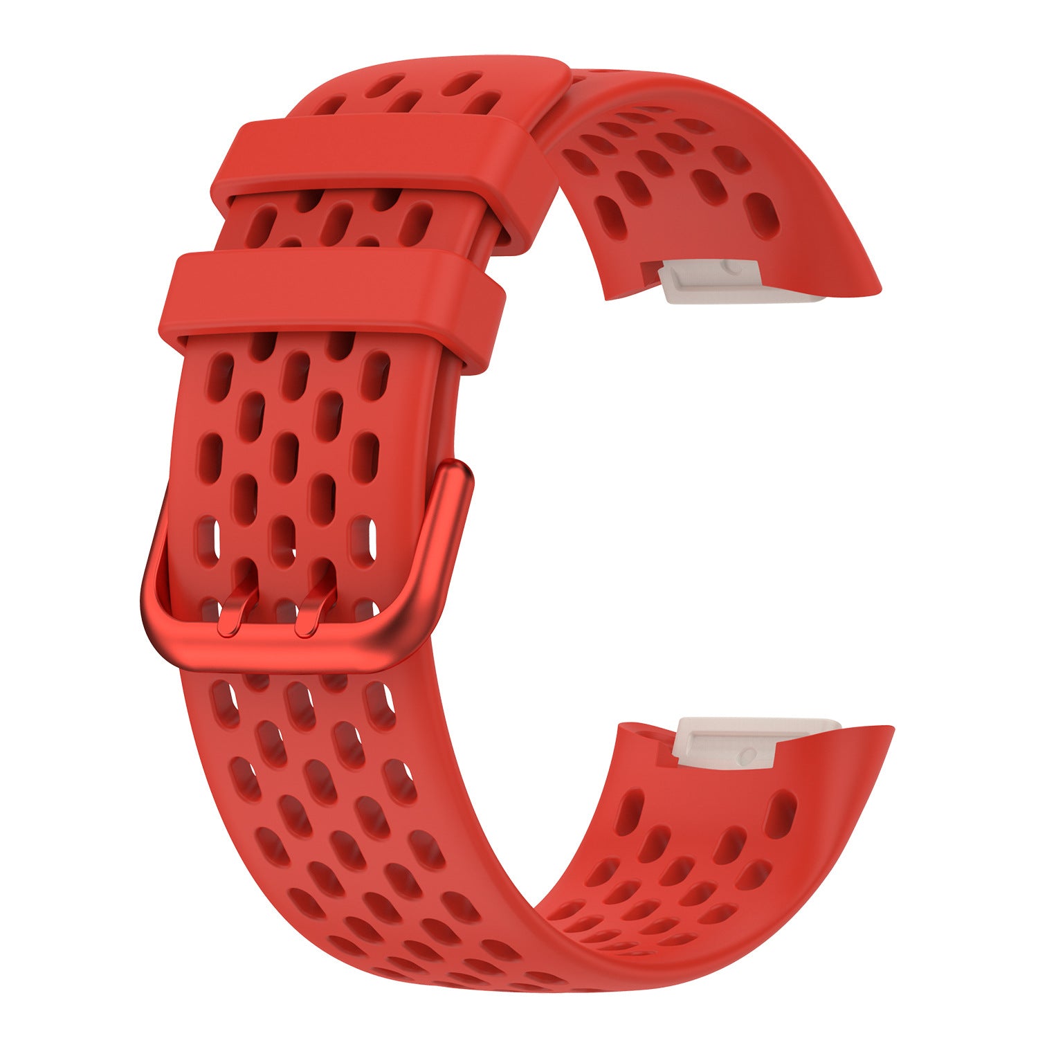 Red perforated silicone sport band with quick-release connectors for Fitbit Charge 5 and Charge 6 fitness trackers