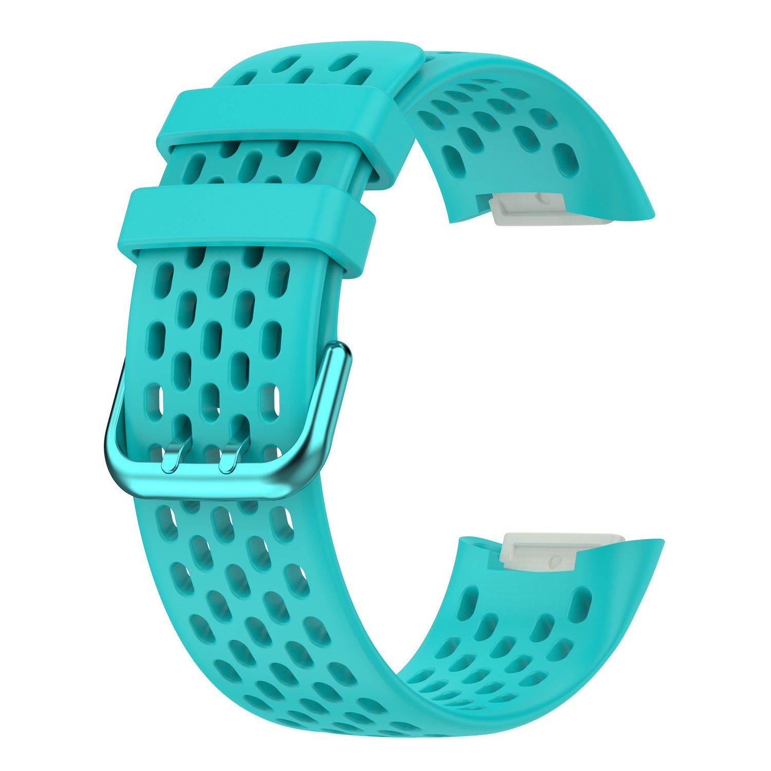 Turquoise perforated silicone sport watch band with metal buckle and quick-release pins for Fitbit Charge 5 and 6