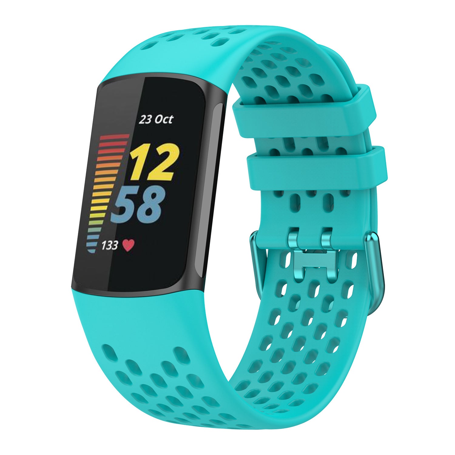 Turquoise silicone sport band for Fitbit Charge 5 and 6 with perforated design and adjustable straps, displayed on fitness tracker showing time and heart rate