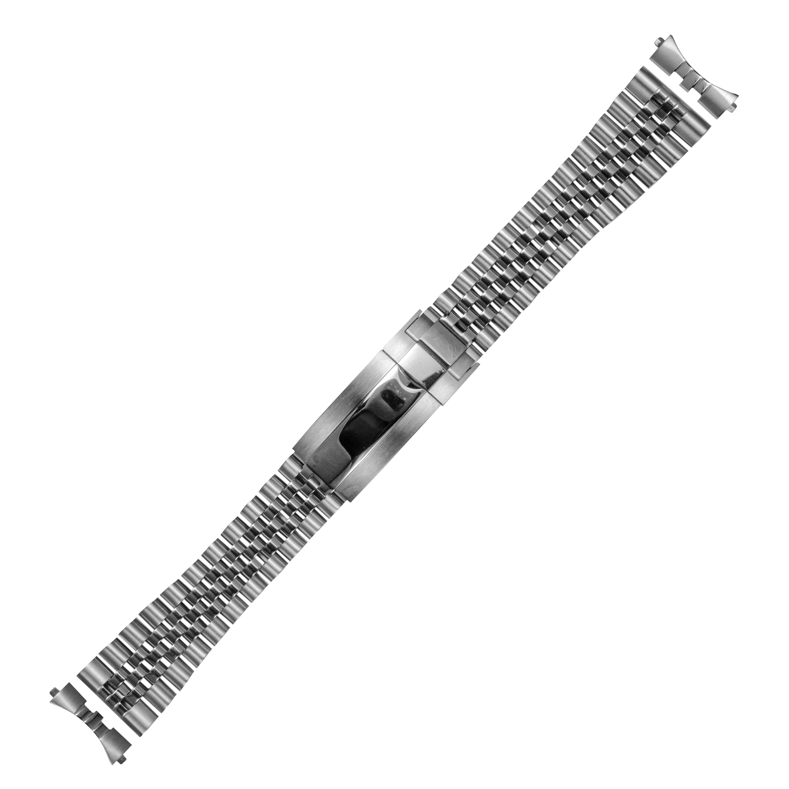 Stainless steel watch bracelet with micro-adjustable glide clasp and curved end links