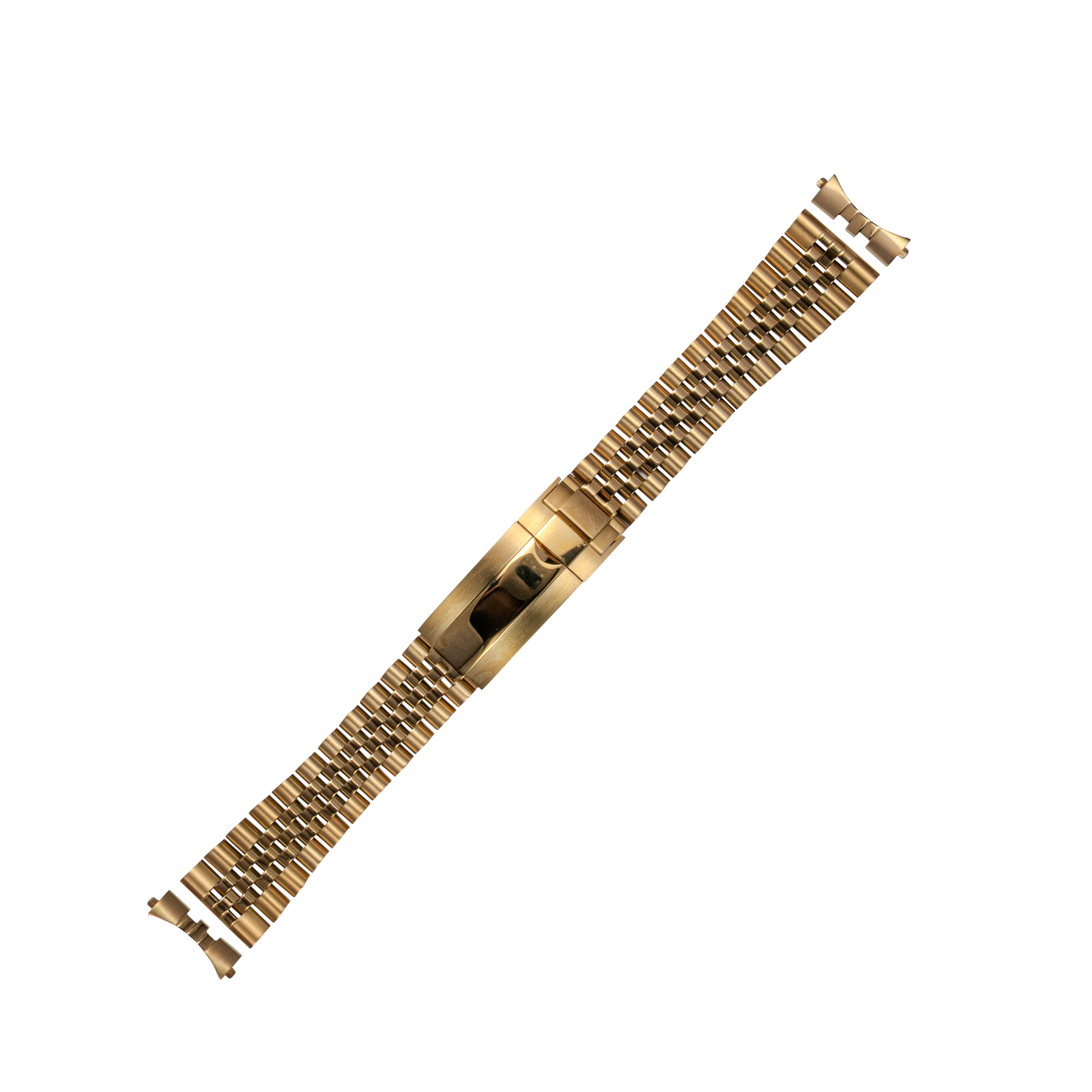 Gold-tone stainless steel watch bracelet with curved link design and micro-adjustable glide clasp closure