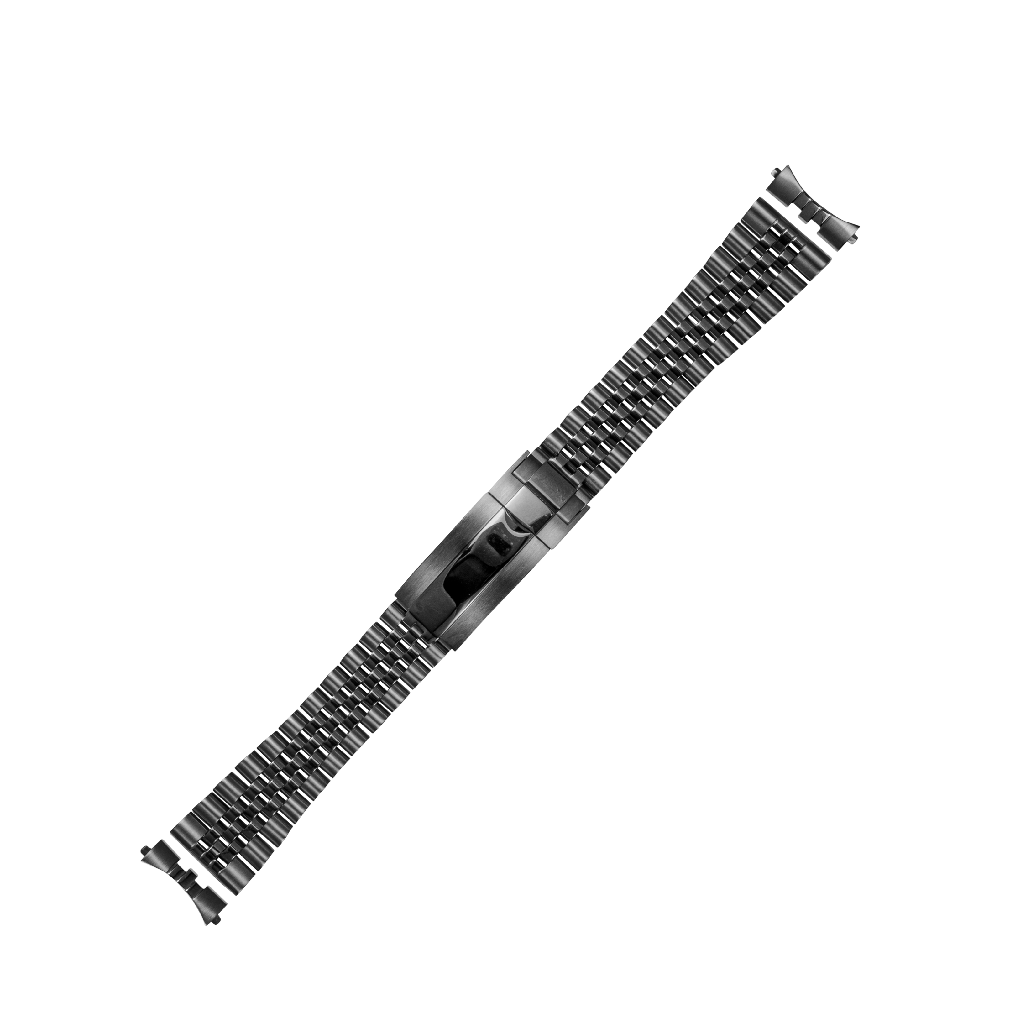 Black stainless steel watch bracelet with curved end links and micro-adjustable glide clasp, isolated on white background