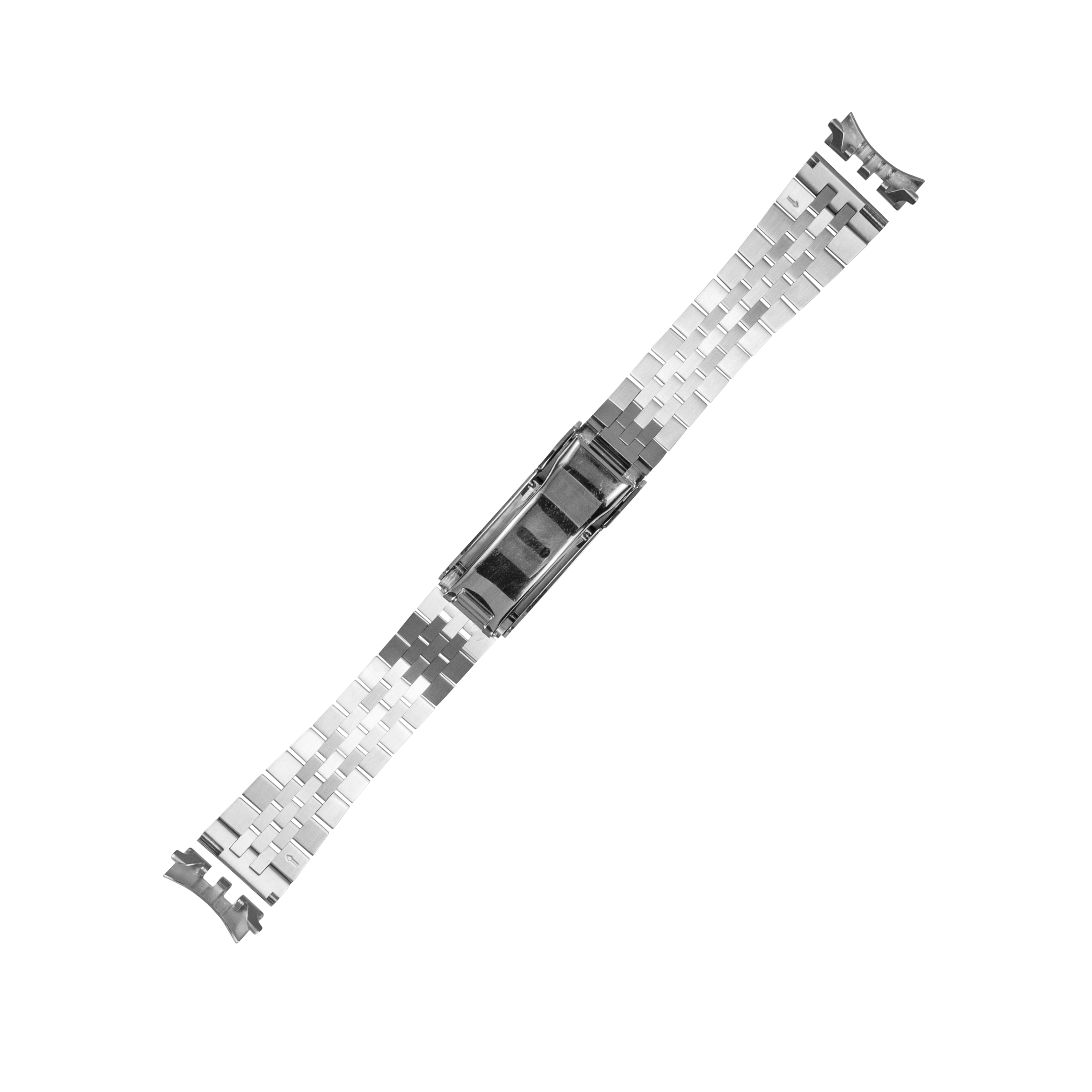 Stainless steel watch bracelet with micro-adjustable glide clasp and curved end links for secure wrist fit