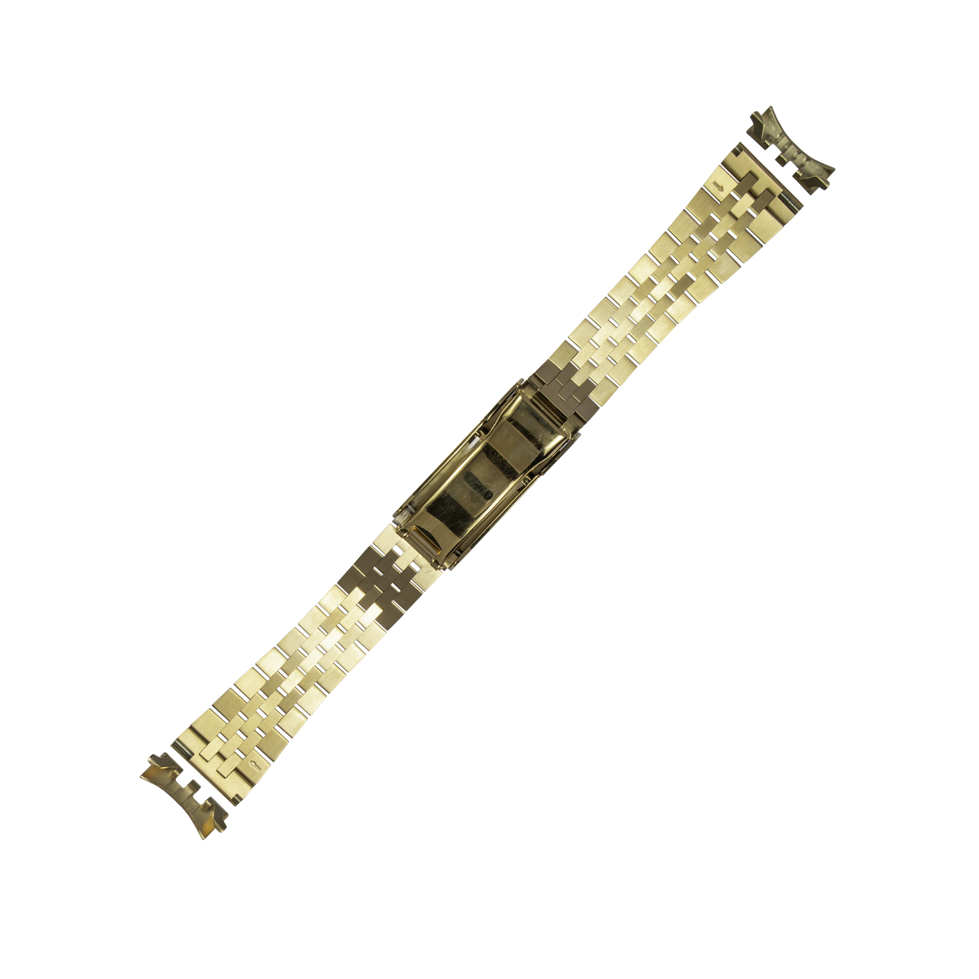 Gold-tone stainless steel watch bracelet with micro-adjustable glide clasp and curved end links
